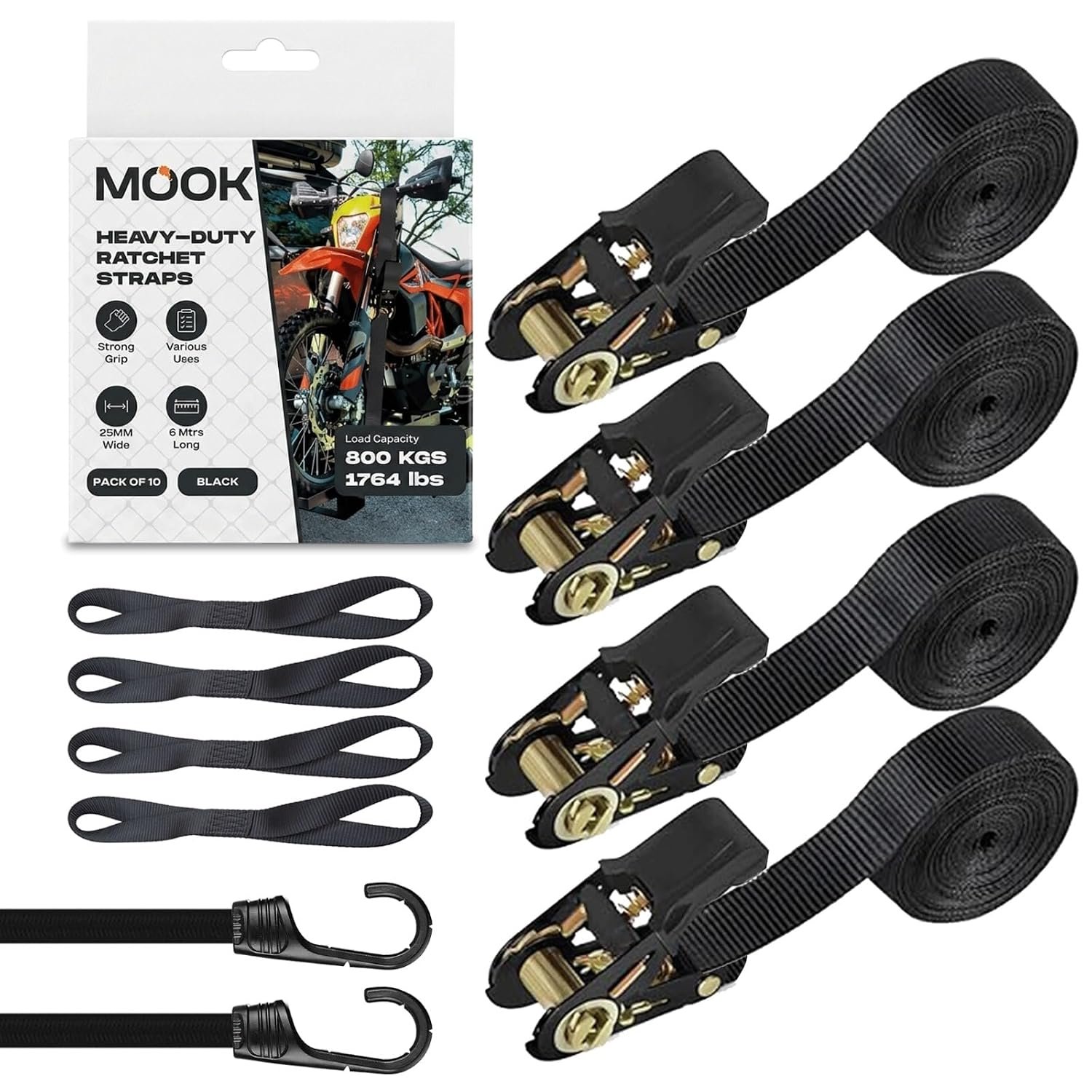 MOOK Heavy Duty Ratchet Straps – 4PCs endless ratchet straps, 6M x 25MM Tie Down Straps with 4 Soft Loops, 2 Bungee Cords – 800KG Load Capacity – Secure Cargo for Car, Kayak, Motorcycle – 10 PCs Set