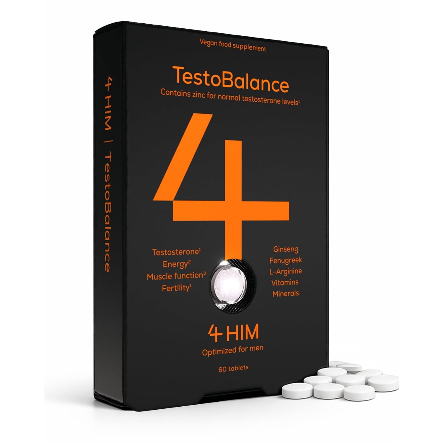 4 HIM TestoBalance - Testosterone Supplements for Men - with Zinc + Magnesium + B6 Complex, L-Arginine, Ginseng & Fenugreek - Energy & Muscle Function - 60 Vegan Tablets