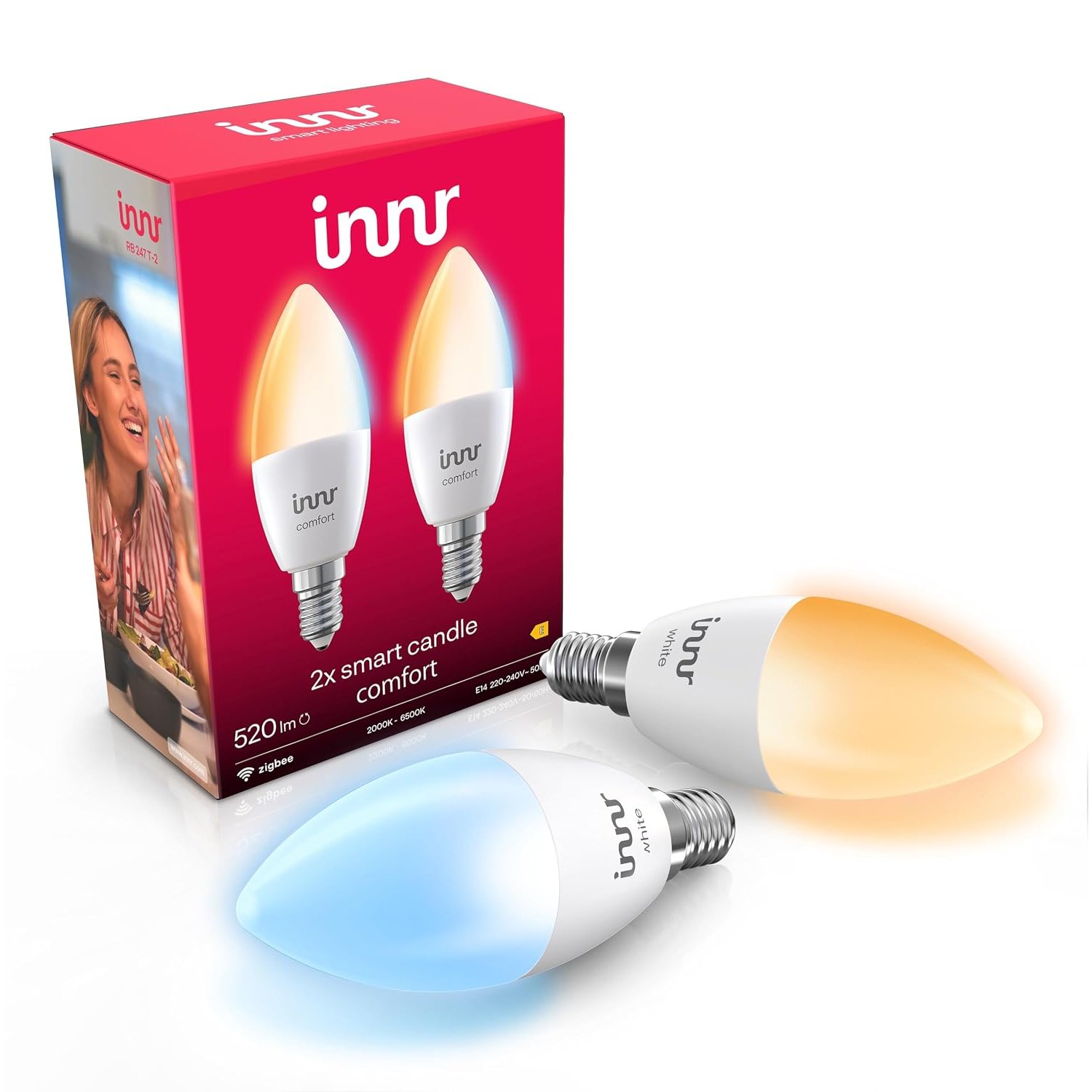 Innr Zigbee E14 Smart Bulb, Works with Hue* and Alexa (Bridge Required), Warm White to Cool White, LED Candle, Dimmable, 520 Lumen, 2-Pack