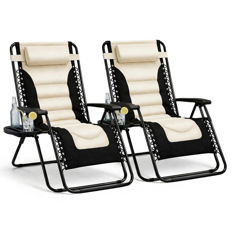 Straame XXL Padded Zero Gravity Chairs Set of 2, Folding Reclining Garden Chairs, Camping Chair Sun Loungers, Lockable 160° Patio Recliners with Adjustable Headrest(Padded, Cream)