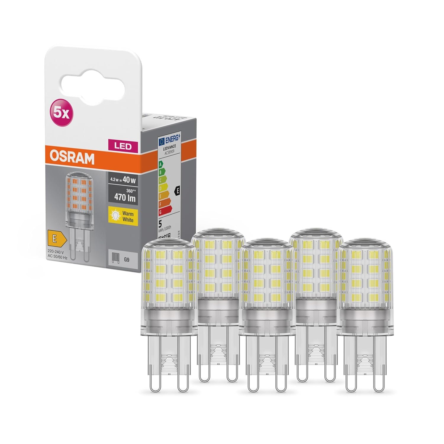 OSRAM Star PIN LED bulb for G9 base, clear glass, warm white (2700K), 470 lumens, replacement for traditional 40W replacement, bulbs, not dimmable, pack of 5