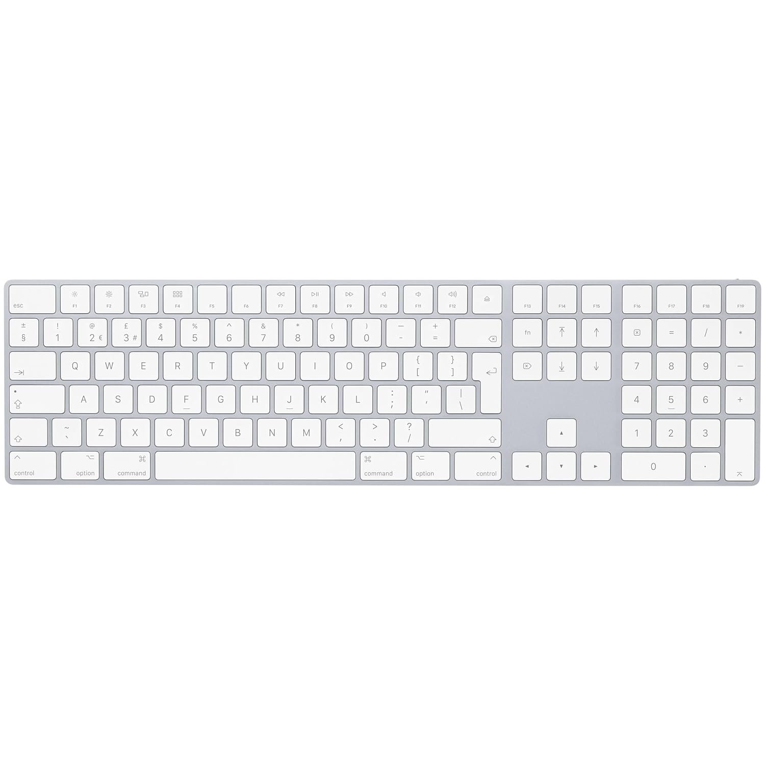 Apple Magic Keyboard with Numeric Keypad: Bluetooth®, rechargeable. Works with Mac, iPad or iPhone; British English, Silver