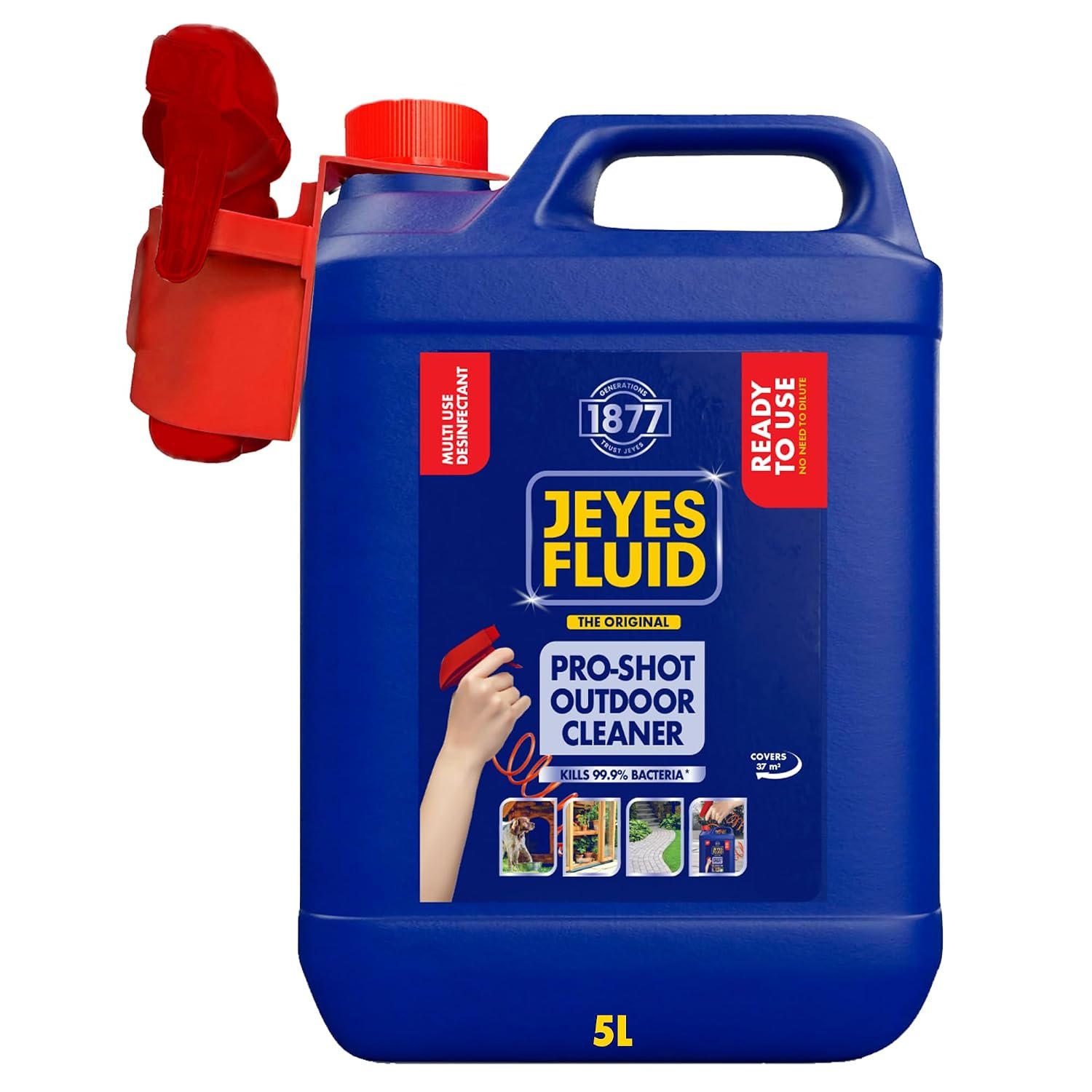 Jeyes Fluid Outdoor Cleaner Pro Shot with 1m Extendable Trigger (5 Litre) – Ready to Use Patio Cleaner & Disinfectant, No Dilution (Covers 37m²) – Cleans Furniture, Pots & Tools – Kills 99.9% Bacteria