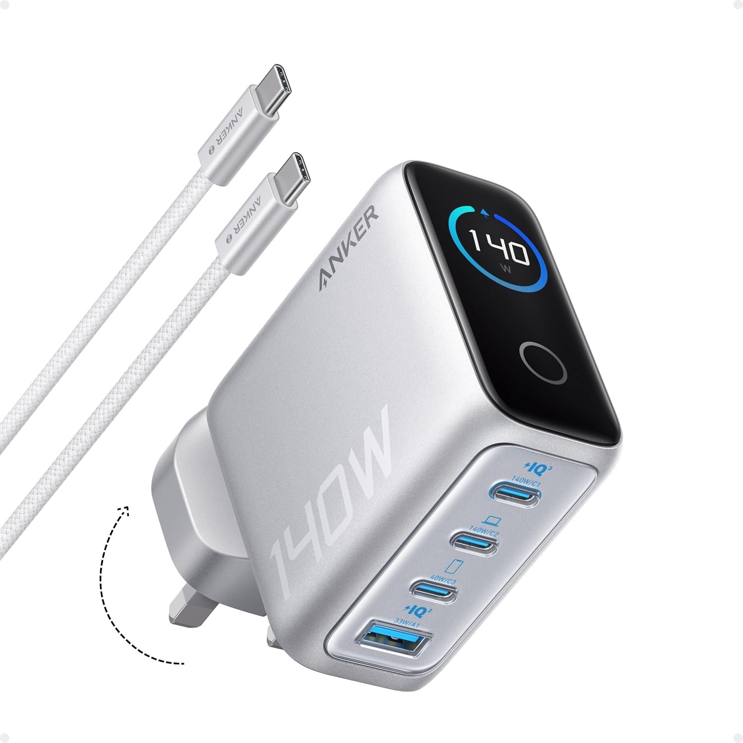140W USB C Charger, Anker Laptop Charger, 4-Port Multi-Device Fast Charging, Advanced GaN Power Adapter, Intuitive Touch Controls, Compatible with MacBook, iPhone 17 Series, Samsung, Pixel, and More