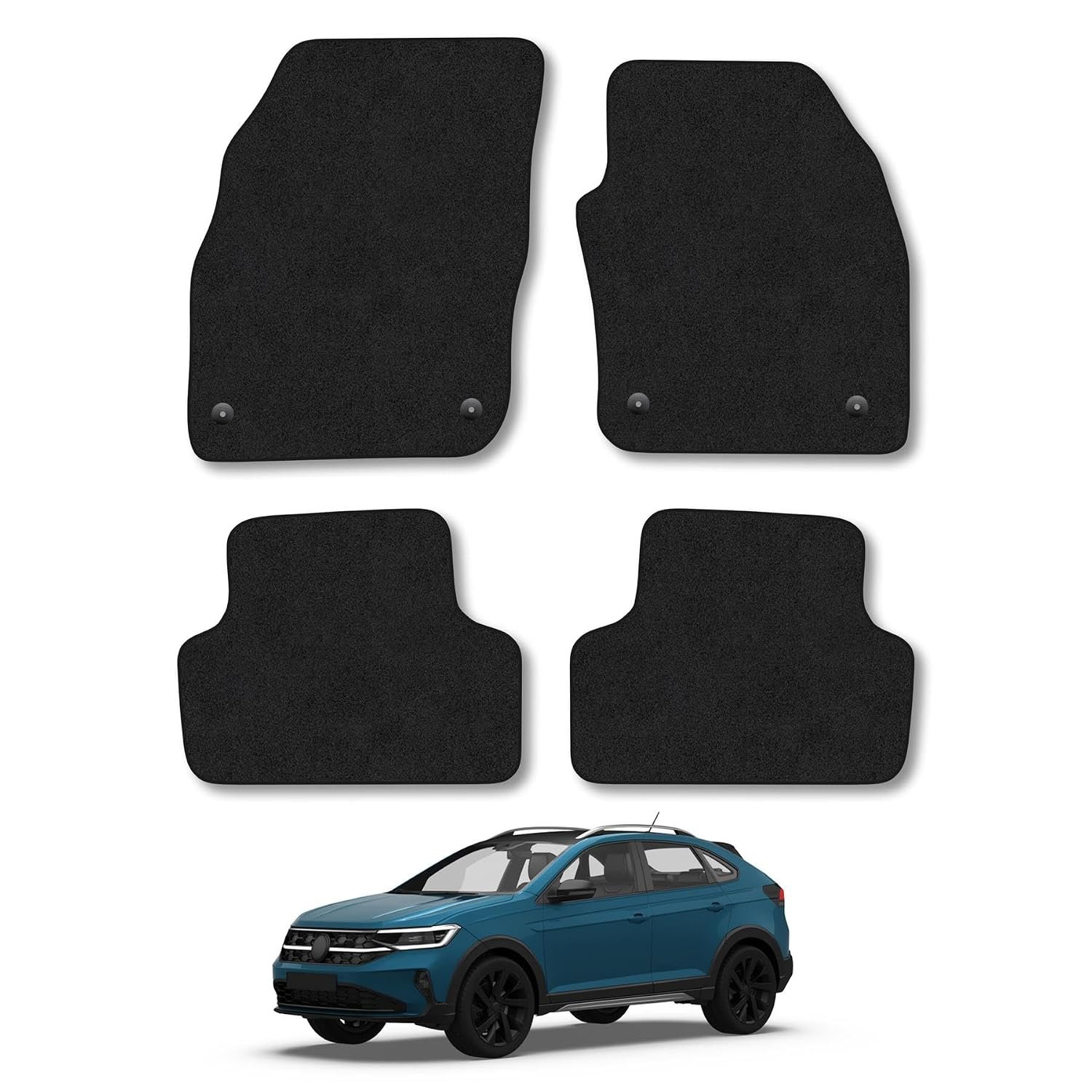 VW Taigo (2022+) Car Mats Accessories Tailored Fit Carpet Floor Mats Non Slip Black Trim Full Coverage Compatible Accessory Front Rear Set Anti Slip Granulated Backing Hand-Finished Clips