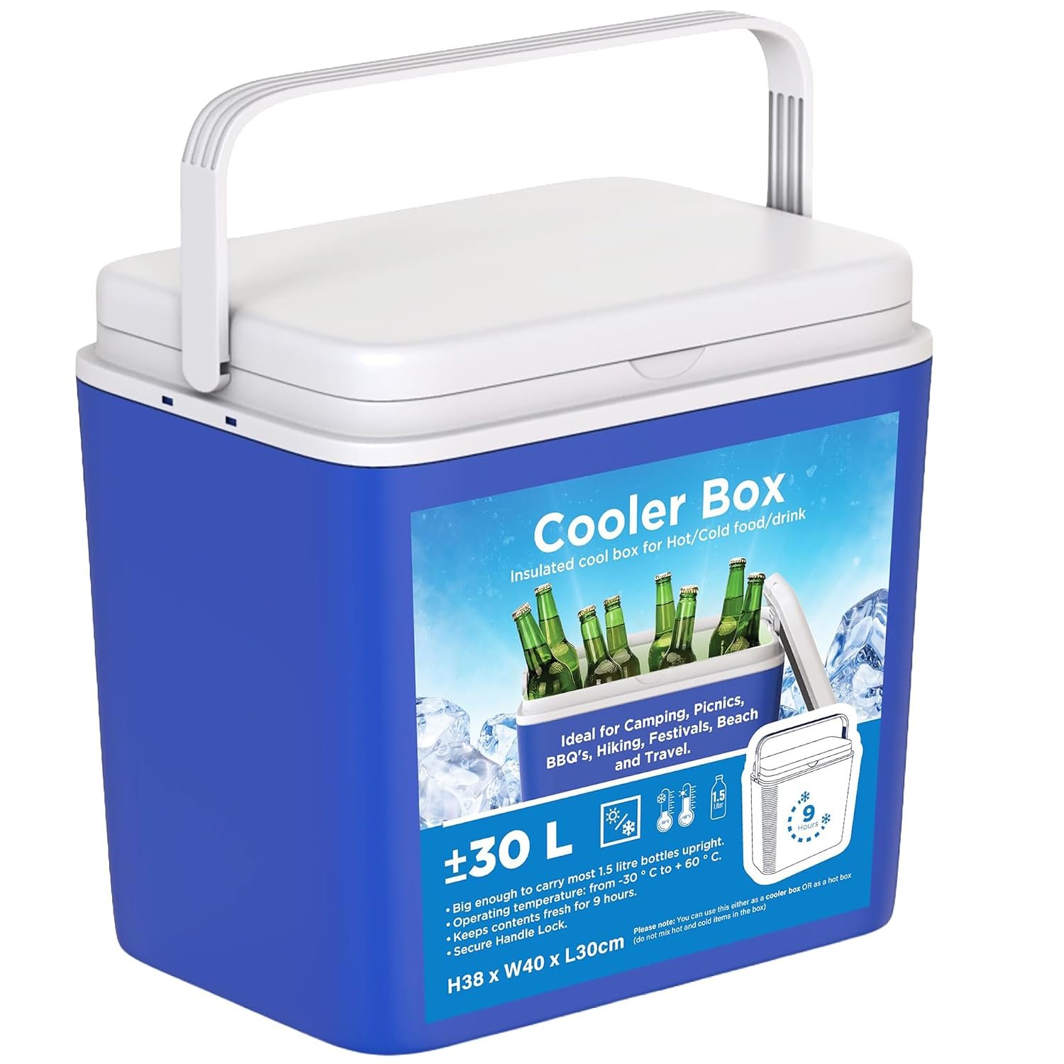 Large 30L Cooler Box Hot/Cold Insulated Freezer Cool 9 Hours Picnic Camping Portable with Carry Handle, packaging may vary, Blue