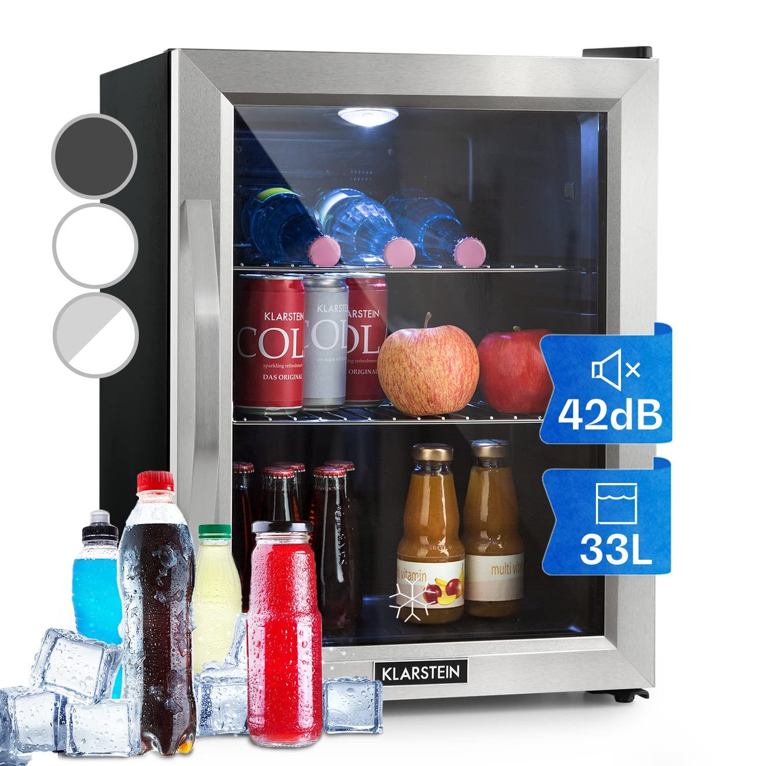 KLARSTEIN Beersafe 33 L Mini Fridge with Glass Door – Drinks Fridge, Silver | LED light, removable metal shelves, quiet, beer & beverage fridge for cans & bottles