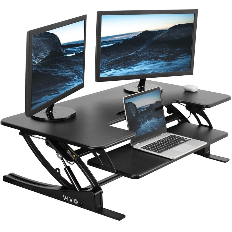 VIVO Height Adjustable 42 inch Stand Up Desk Converter, Quick Sit to Stand Tabletop Dual Monitor Riser Workstation, Black, DESK-V000VL…