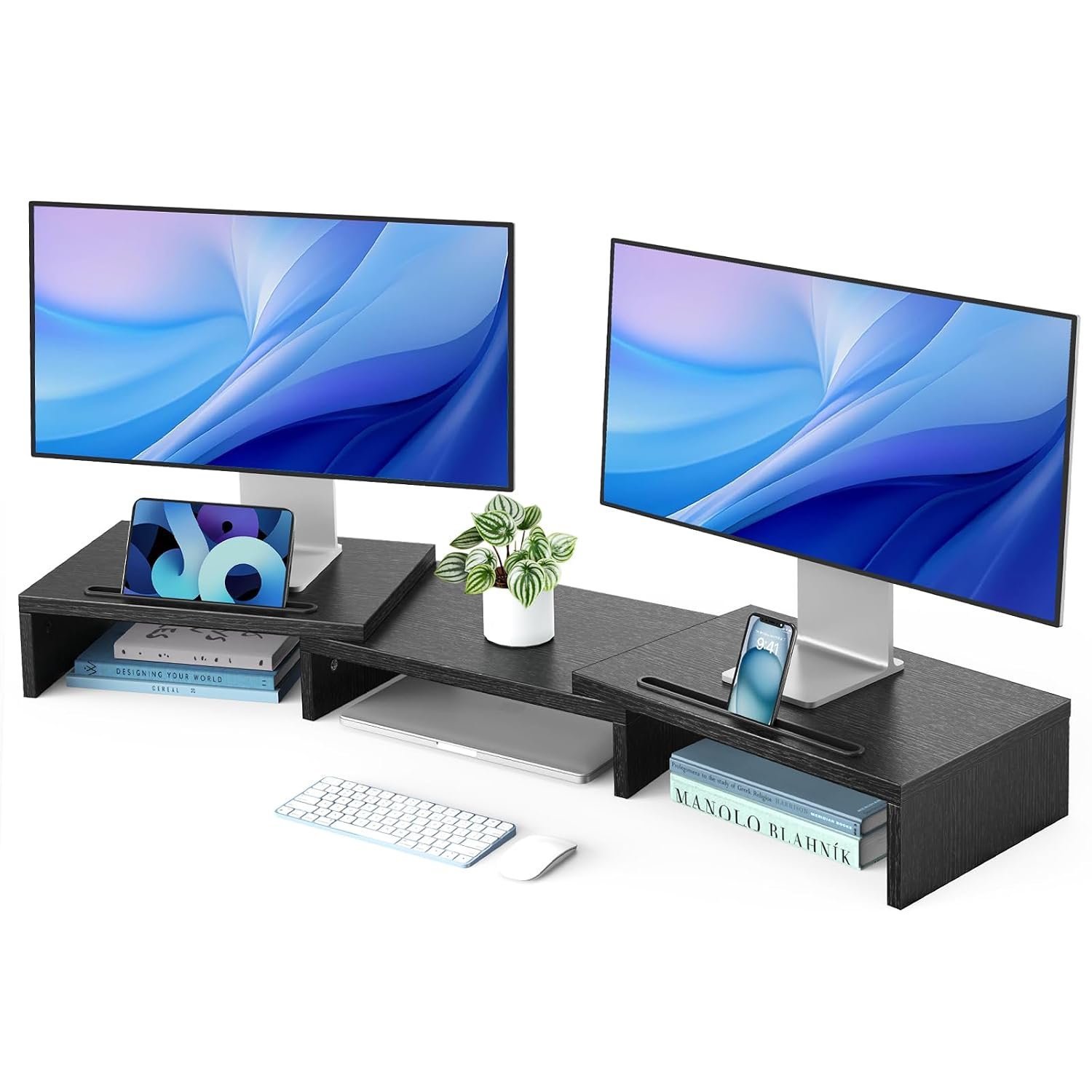 HUANUO Dual Monitor Stand Riser, Adjustable Length & Angle, Wooden Monitor Riser for 2 Monitors, Ergonomic Desktop Organizer with Smartphone Holder for Laptop, PC, Printer, Black