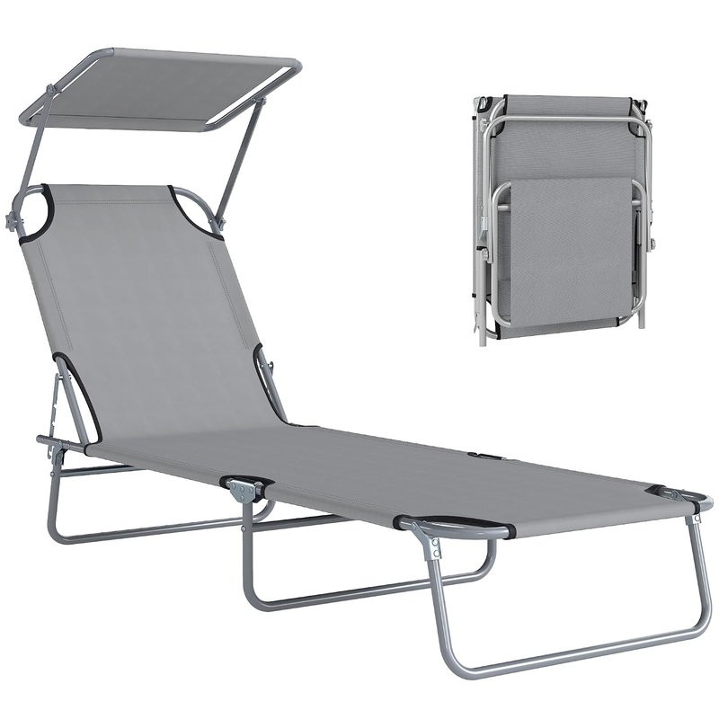 Outsunny Folding Sun Lounger with Canopy, Reclining Sunbed with 4-Position Adjustable Backrest, 600D Oxford Cloth, Portable Garden Lounger Recliner Chair for Beach, Camping, Patio, Light Grey