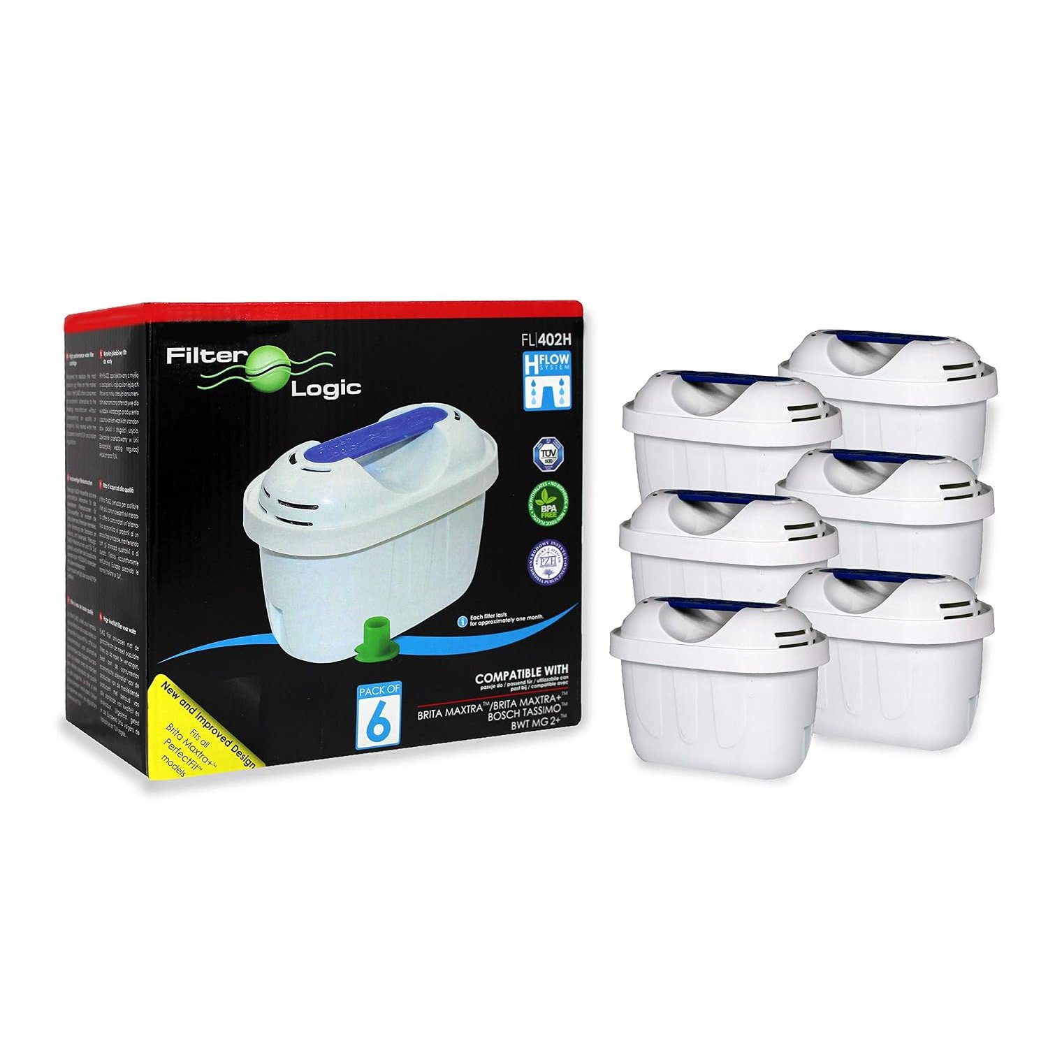 FilterLogic Universal 6 Pack Filter Cartridges Compatible with Brita® Maxtra+® Plus, PerfectFit, Maxtra Pro® All-in-1, Marella® Jug, Brita® Kettle, Water Jugs, White, fits -Elemaris-Bosch Tassimo