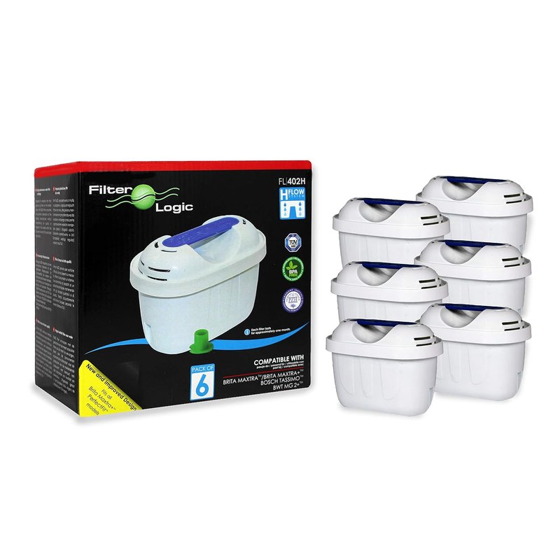 FilterLogic Universal 6 Pack Filter Cartridges Compatible with Brita® Maxtra+® Plus, PerfectFit, Maxtra Pro® All-in-1, Marella® Jug, Brita® Kettle, Water Jugs, White, fits -Elemaris-Bosch Tassimo