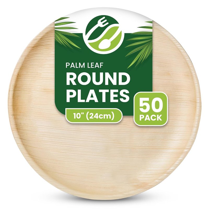 ECO Leaf 50 Disposable Palm Leaf Plates | 10”(25cm) Round Compostable Dinner Plates | Eco-Friendly, Biodegradable Heavy-Duty Plate for Wedding, Party & Picnic |Microwave & Oven Safe