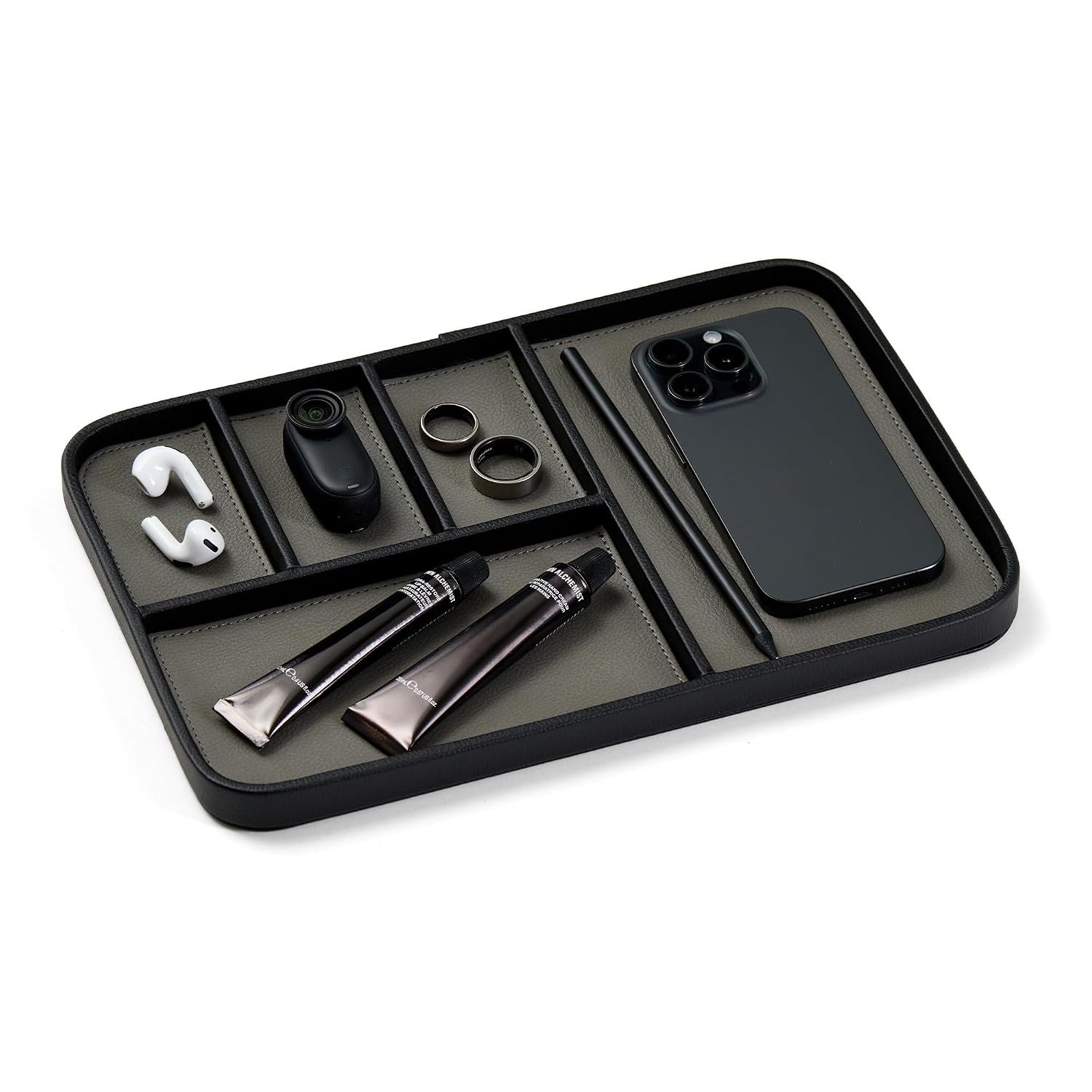 Nordik Leather Valet Tray - Pebble Black - 30 x 20 cm Large Size Vegan Leather Tray for Entryway - Stylish Nightstand Organizer for Men - Modern Bedside Caddy - EDC Catchall for Keys Wallet Jewellery