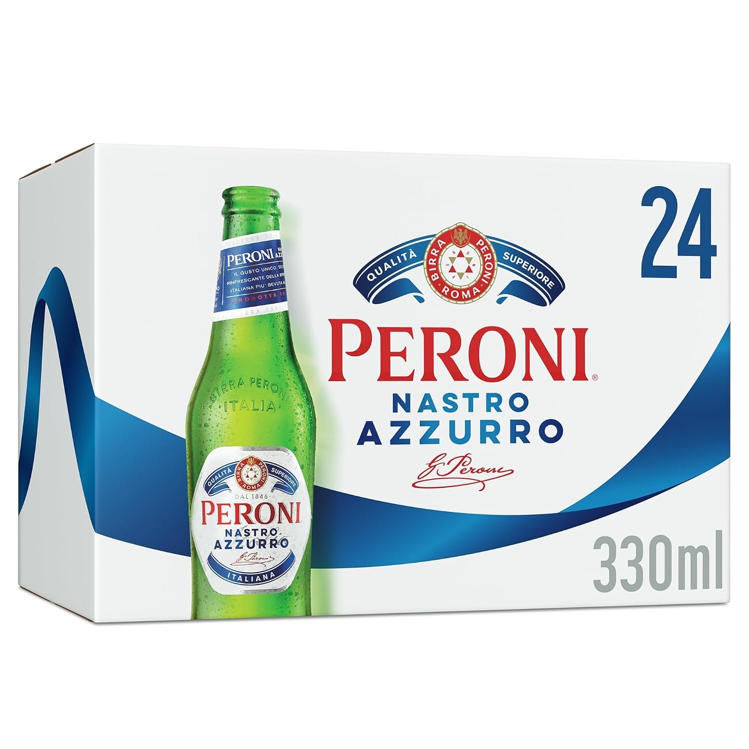 Peroni Nastro Azzurro Italian Lager, 24 x 330ml, 5% ABV, Brewed in Italy, Premium Lager (Packaging may vary)