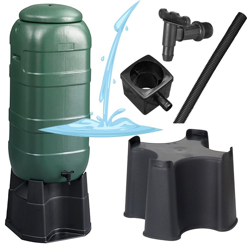 100L Garden Water Butt Set Including Tap With Stand and Filler Kit Slim Tall Water Collector