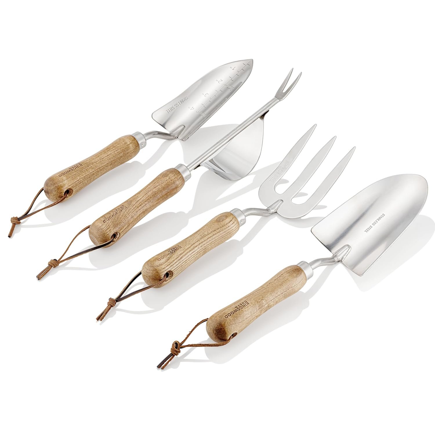 Kingswood Green® 4-Piece Garden Tool Gift Set | Ash Wooden Handles | Trowel, Hand Transplanter, Weeder & Fork | Made with Stainless Steel