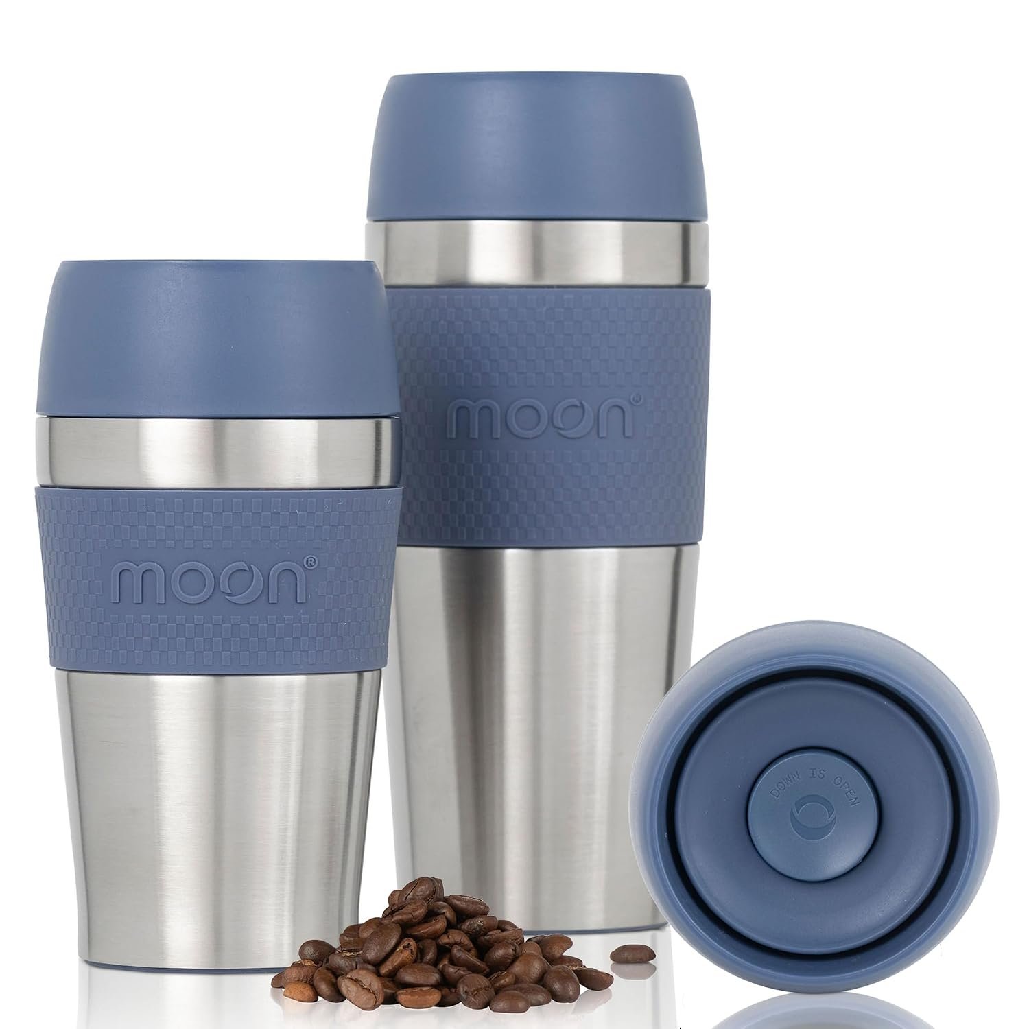 Moon 360° Travel Mugs - Leakproof Reusable Coffee Cup for Hot Drinks - Insulated Stainless Steel Thermal Mug, Fits Car Cup Holders (300ml, Recycled Metal/Blue)