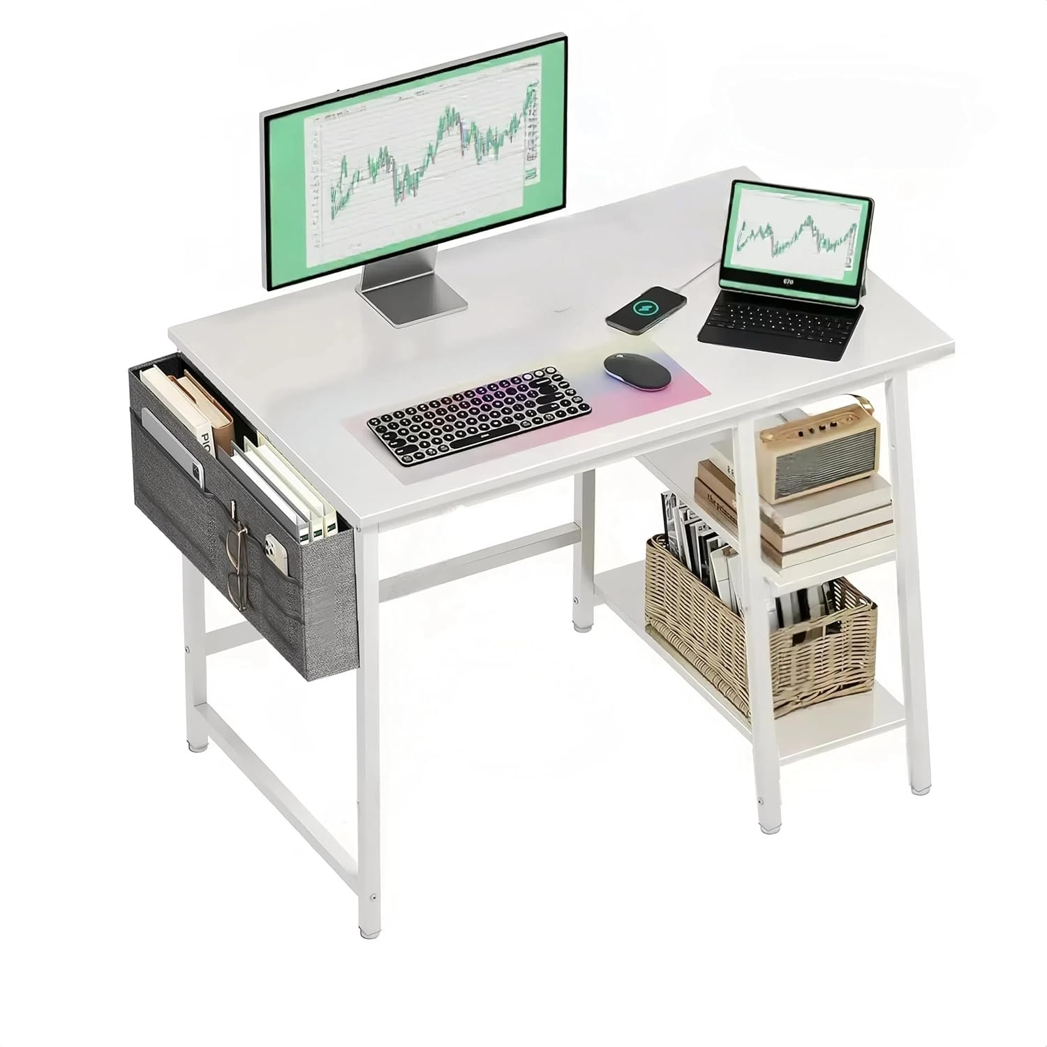 QTYG White Computer Desk, 80 cm Gaming Desks, Office Laptop Table, Study Tables with Metal Frame, Wood with Floating Shelves, for Bedroom, Living Room