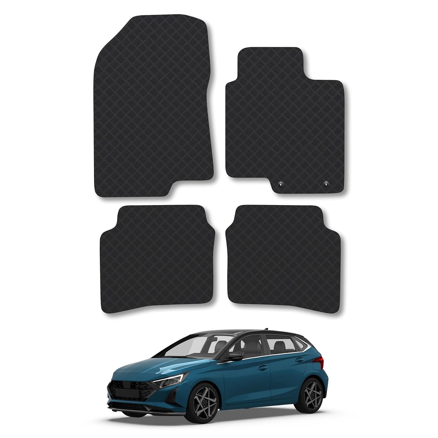 Hyundai i20 (2020+) Rubber Car Mats Accessories Tailored Fit Compatible Accessory Waterproof Protection Non-Slip Floor Mats Full Coverage Durable Front Rear Set Coverage with Clips