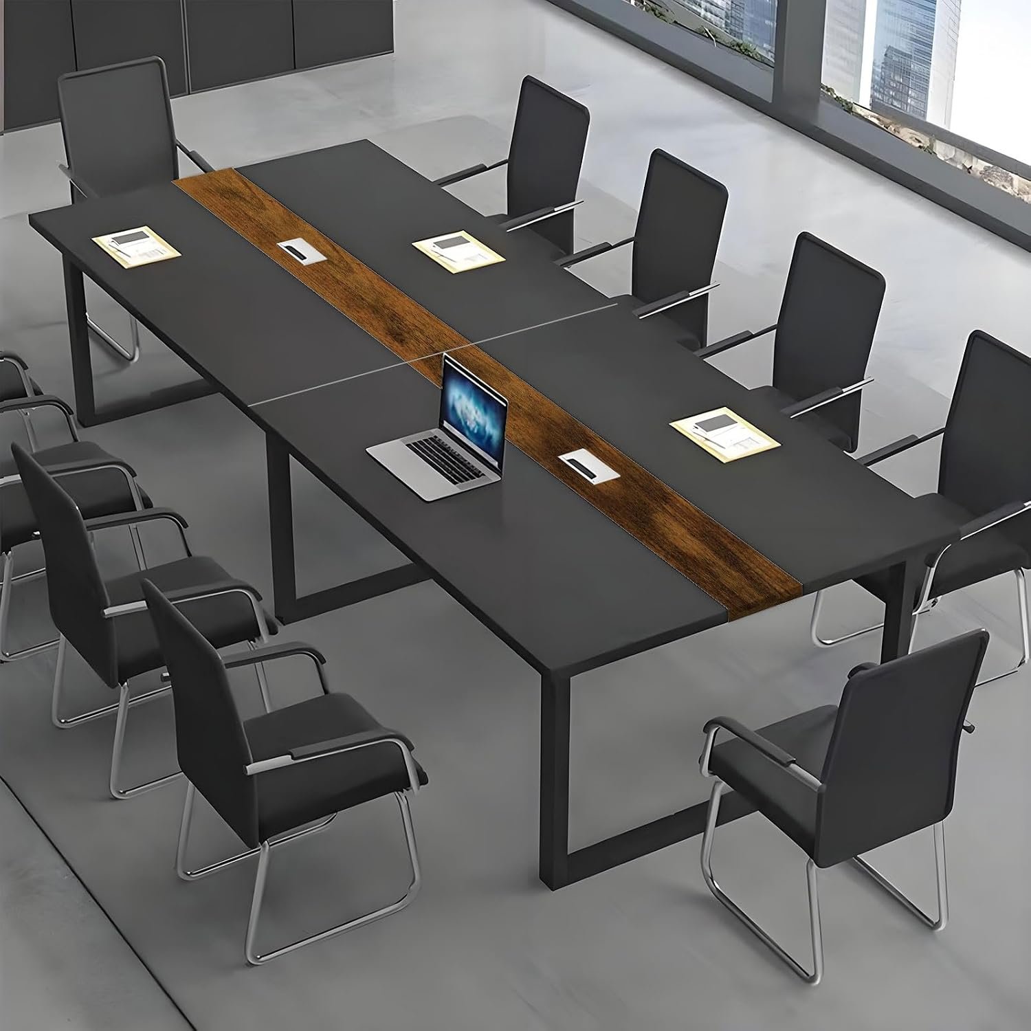 Large Conference Table, Modern Meeting Table with Cable Duct and Black Metal Frame for 8-12 People, Business Style Wooden Training Tables, Rectangular Seminar Table for Office, Conference Room