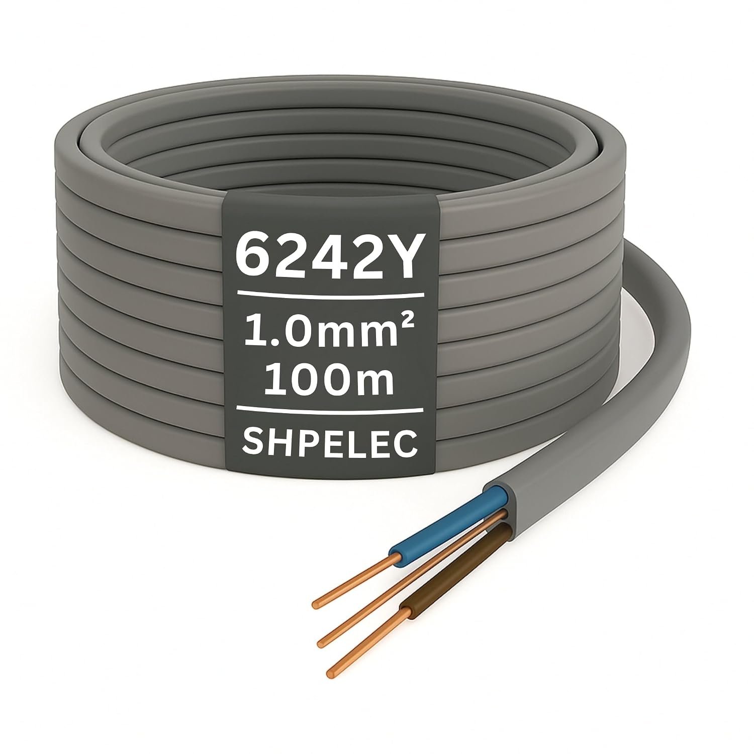 SHPELEC® Electrical Grey Twin and Earth 6242YH Cable - All Lengths (100metres - 1.0mm Twin and Earth Cable)