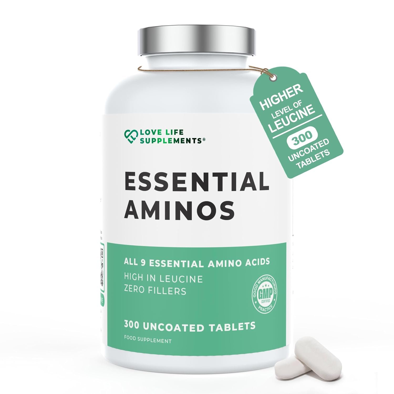 Essential Amino Acids, Full Spectrum EAA & BCAA Tablets for Muscle Recovery, 300 Vegan Pills (60 Servings), High Strength Free Form Supplement with Leucine, UK Made - Love Life Supplements