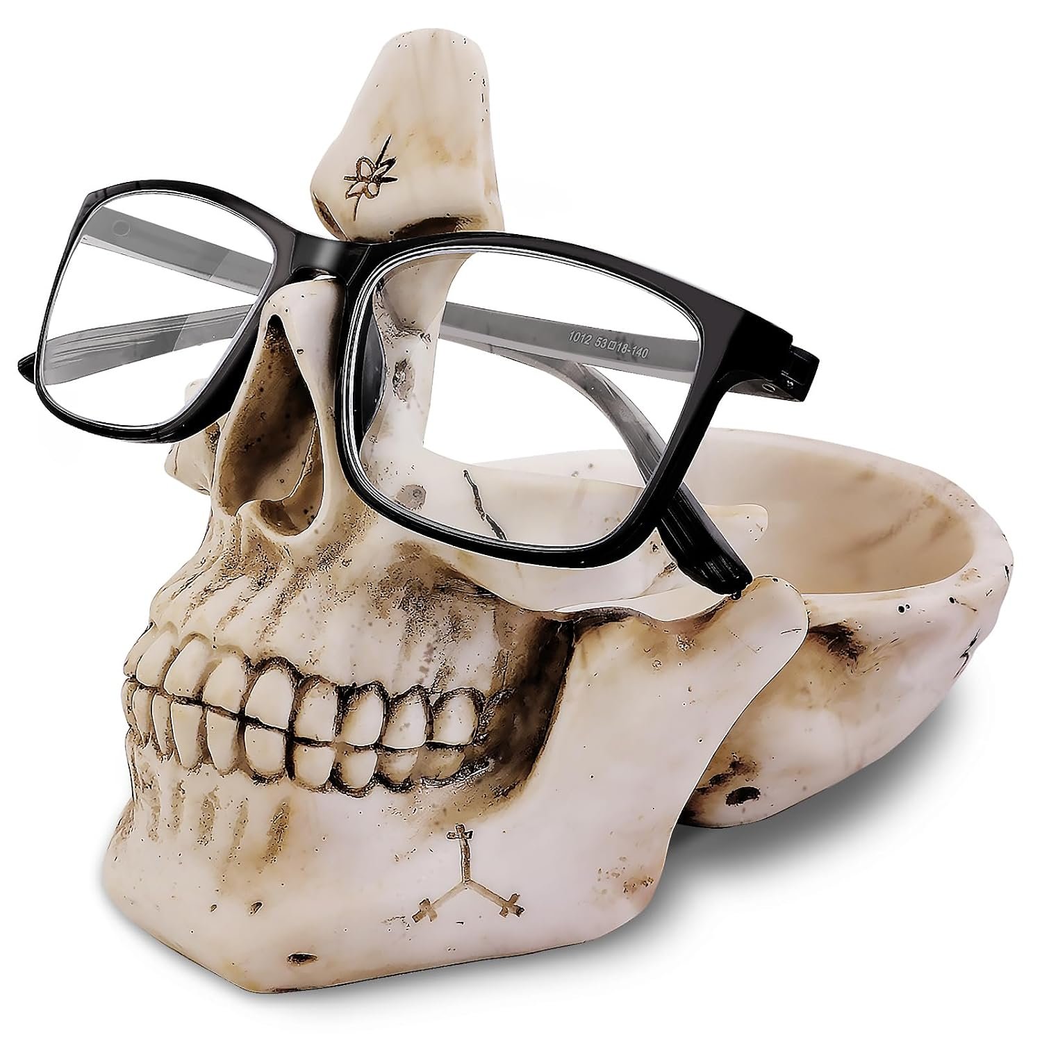VIPbuy Skull Glasses Holder Stand , Novelty Eyeglass Holder Rack with Storage Tray for Nightstand, Resin Skull Head Statue Sculpture Home Office Desk Decor Gift (White)