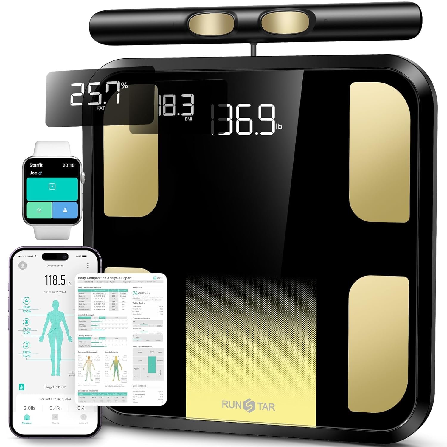 RunStar Scale for Body Weight, 8-Electrode Smart Bathroom Scale with Full Body Composition Analysis, Bluetooth App Sync, 3-Metric Display, Weighing Scale with 28 Metrics for Home & Gym, 180kg, Gold