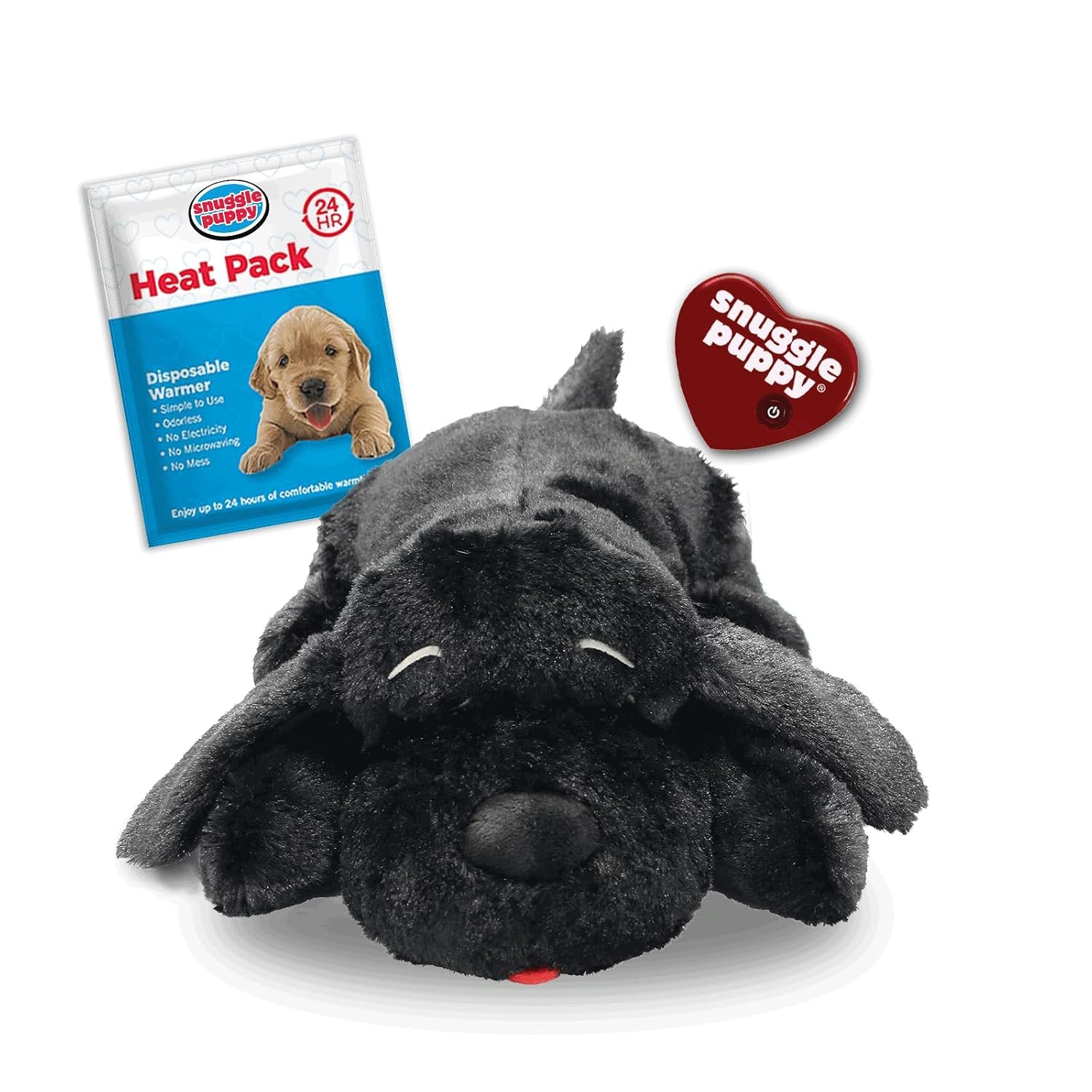 Snuggle Puppy Heartbeat Dog Toy for Puppies, Real-Feel Heartbeat, Calming Sleep Aid and Crate Training Comfort Toy with Heat Pack, Black Plush Design