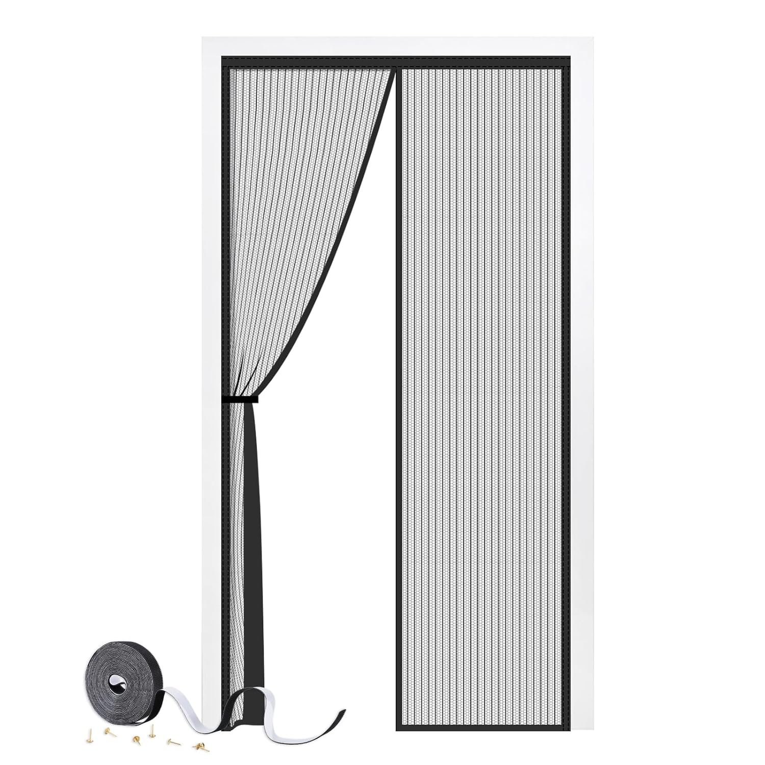 Magnetic Door Screen, SMALUCK Heavy Duty Fly Door Screen Mesh with Powerful Magnets, Durable Mesh Curtains Keeps Bugs Out, Frame Hook & Loop, Kid and Pet Friendly (100 x 220 cm, Black)