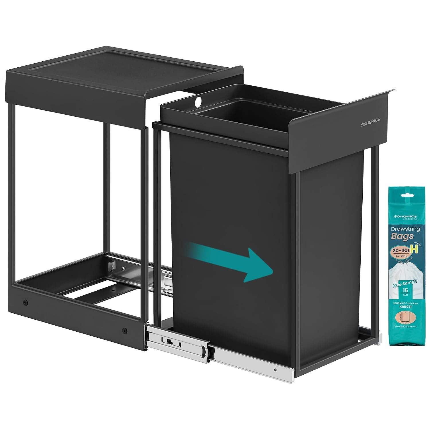 SONGMICS Kitchen Bin for Recycling and Waste, Built-in Rubbish Bin for Cabinet, 5.3 Gallon (20 L), Smooth Pull-Out Design, Steel Frame, ABS Lid, Ink Black LTB920BZ01