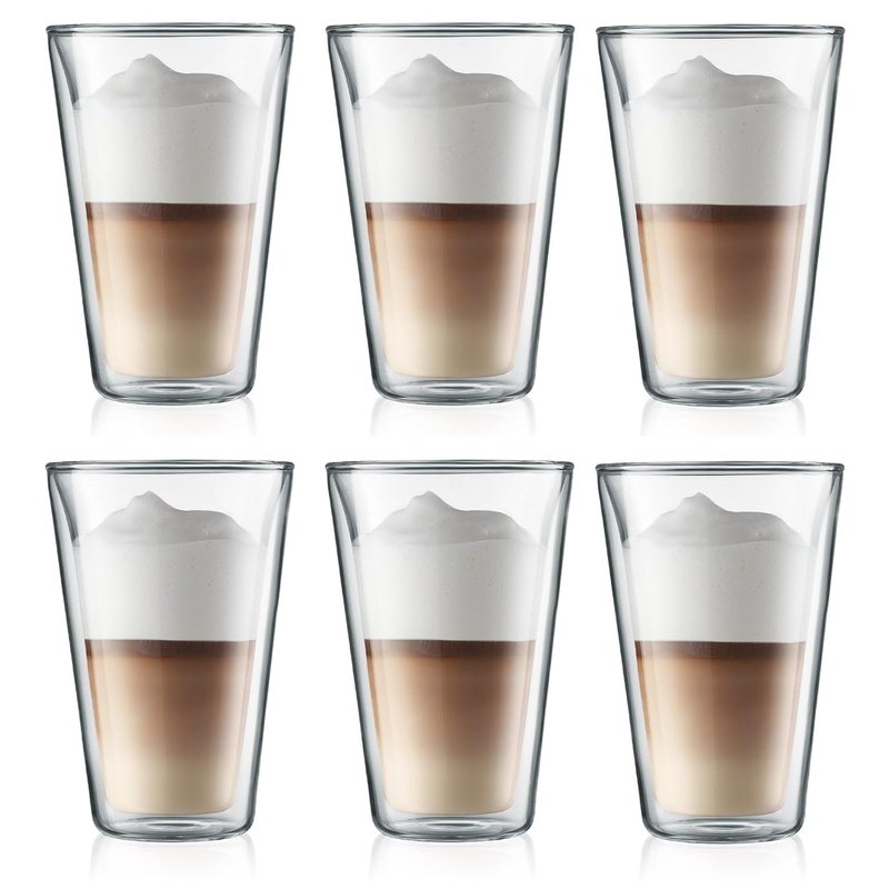Bodum Double-Walled Latte Macchiato Glass Carafe - Patented Valve - 400 ml - 6 Pieces
