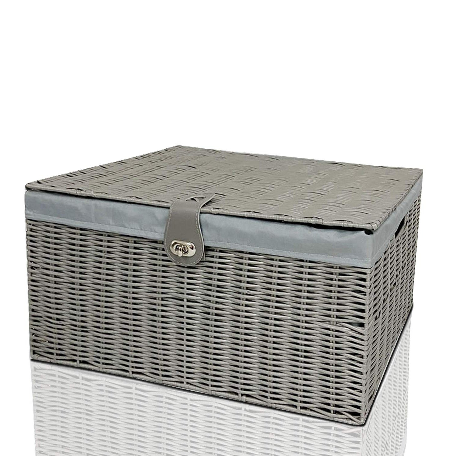 Clarisworld Resin Woven Hamper Basket Storage Chest Trunk Hamper/Kids Toy with Lid, Lock and Removable Lining, W49 x D35 x H22cm (Grey)