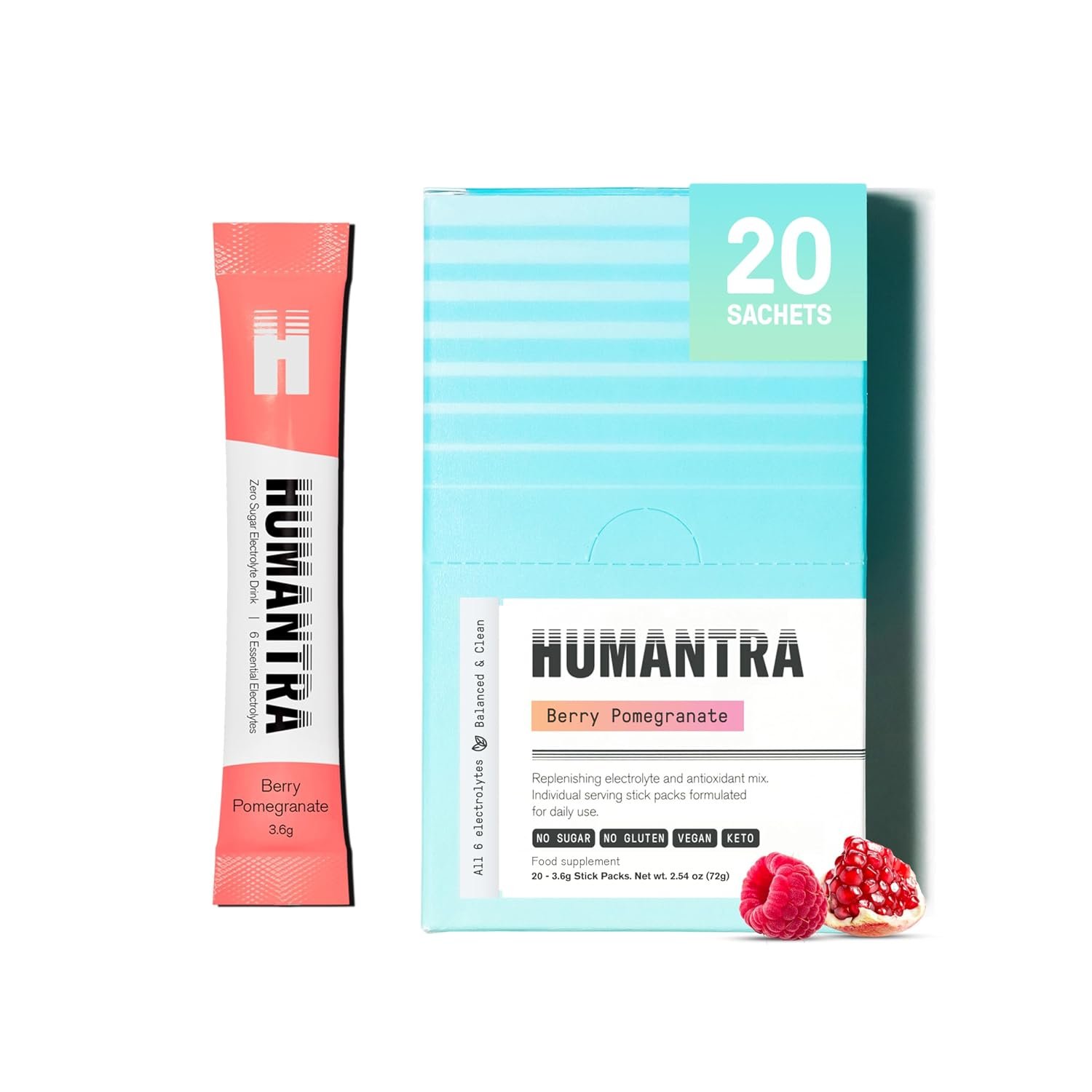 Humantra Electrolytes Powder - Berry Pomegranate Flavor, 20ct - Powdered Hydration Sachets - Plant-Based Electrolyte Powder with 6 Electrolytes - Vegan, Sugar Free, Gluten Free