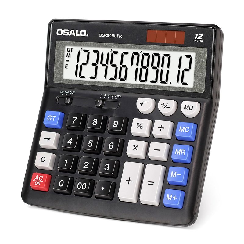 OSALO Desktop Calculator Extra Large Display Big Number 12 Digit LCD Accounting Calculator with Giant Response Button Battery & Solar Powered for Office Business Home Daily Black (OS-200ML)