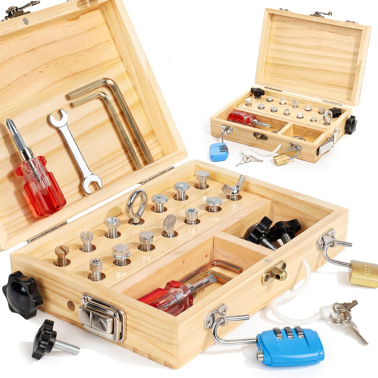 Lehoo Castle Montessori Toys for 3 4 5 Year Old Boys Girls, Wooden Screwdriver Board Set with Anti-Lost Keys & Real Locks, Fine Motor Skills Toddler Travel Toys & Kids Tool Kit