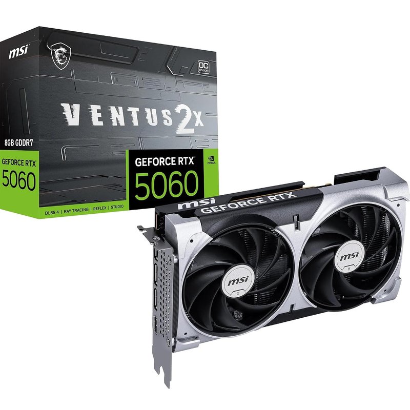 MSI GeForce RTX 5060 8G VENTUS 2X OC Graphics Card - RTX 5060 GPU, 8GB GDDR7 (28Gbps/128-bit), PCIe 5.0 - DUAL-Fan Thermal Design (2 x TORX FAN 5.0) - HDMI 2.1b, DisplayPort 2.1b
