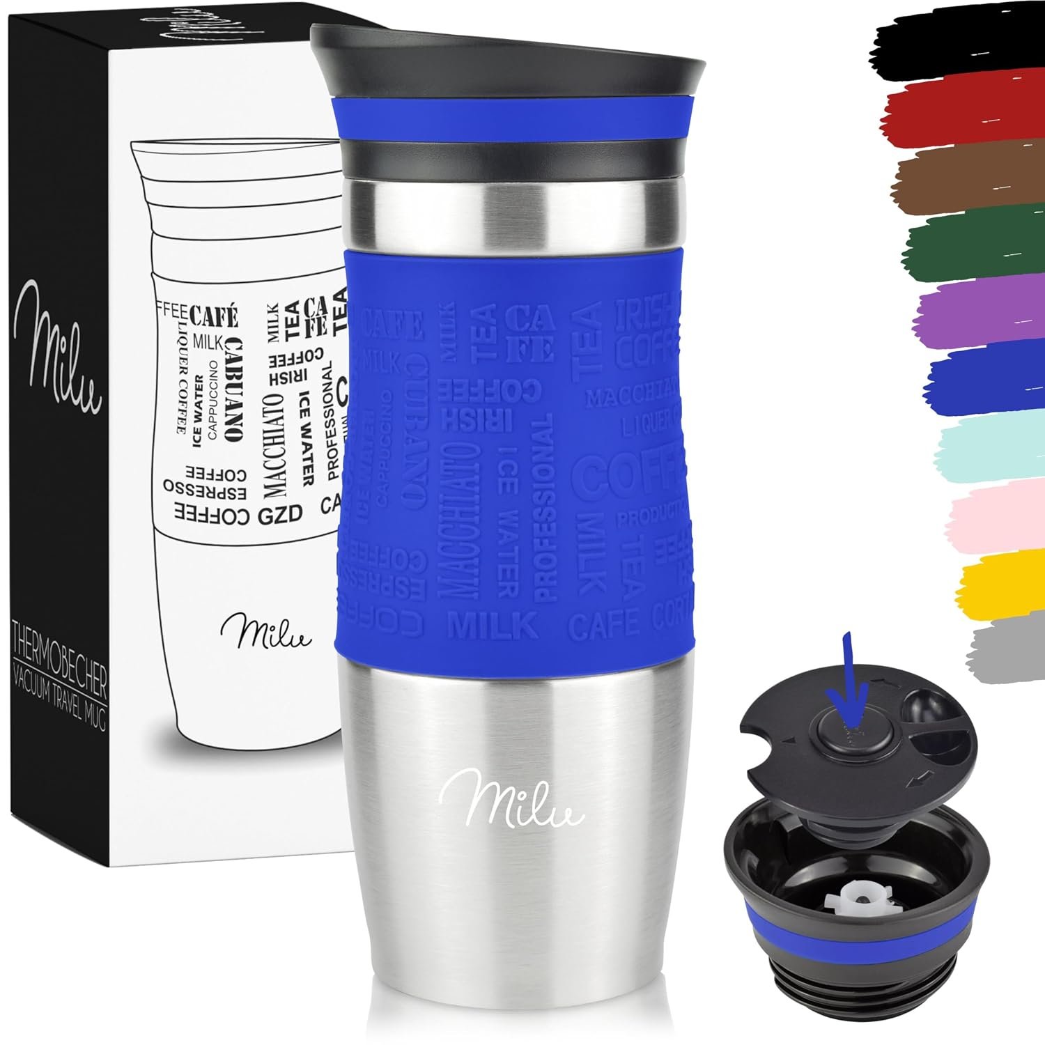 Milu Travel Mug 370ml 450ml - Insulated Coffee Cup to go - 100% Leak Proof - Stainless Steel Drinking Mug - Car Mug Double Wall Insulation Thermo Coffee Flask (Navyblue, 370ml)