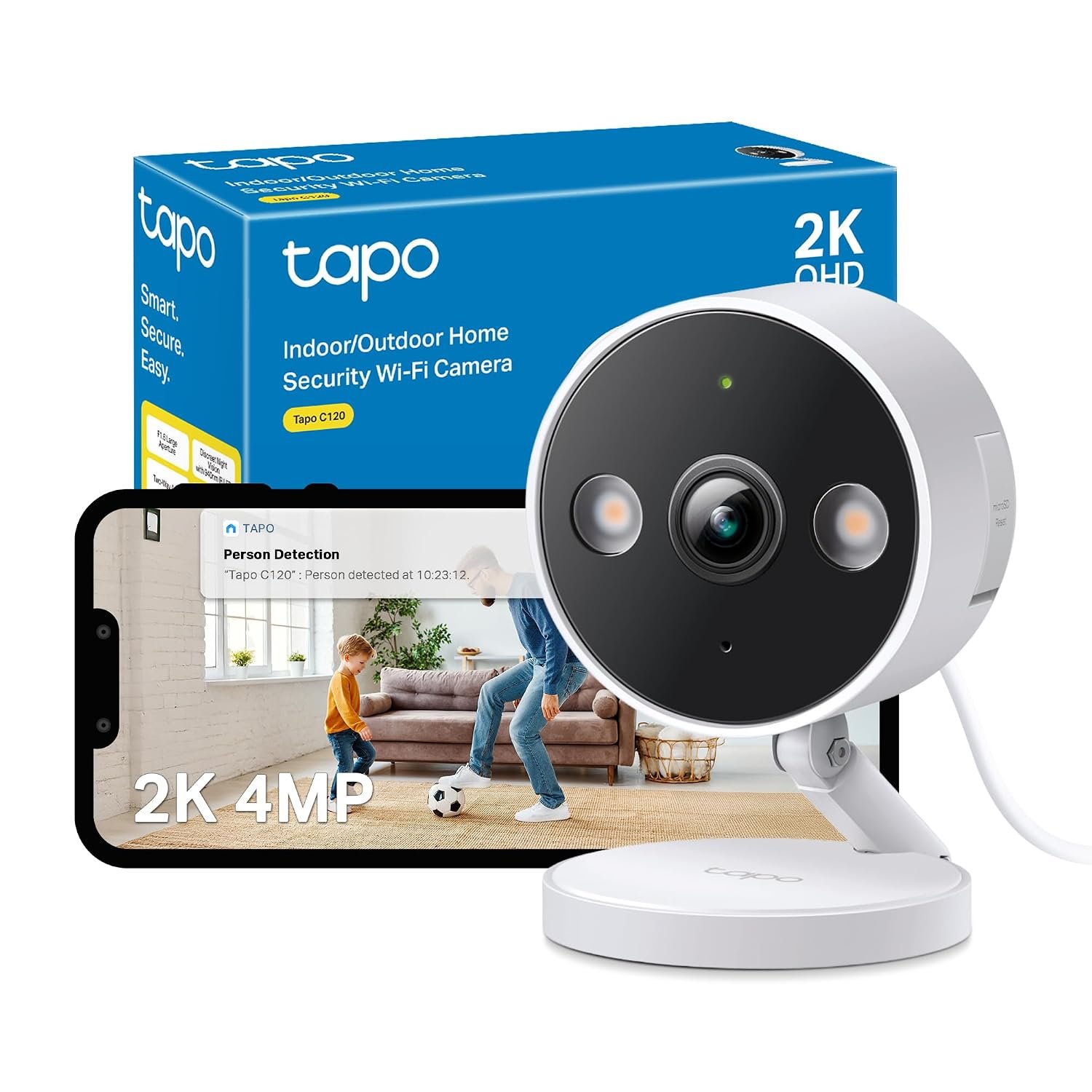 Tapo C120 2K 4MP WiFi Outdoor Camera, Built-In Dual Spotlights, Color Night Vision Security with No Monthly Fee, AI Detection, Sound & Light Alarm, IP66 Weatherproof,CCTV, Cross-Line Detection