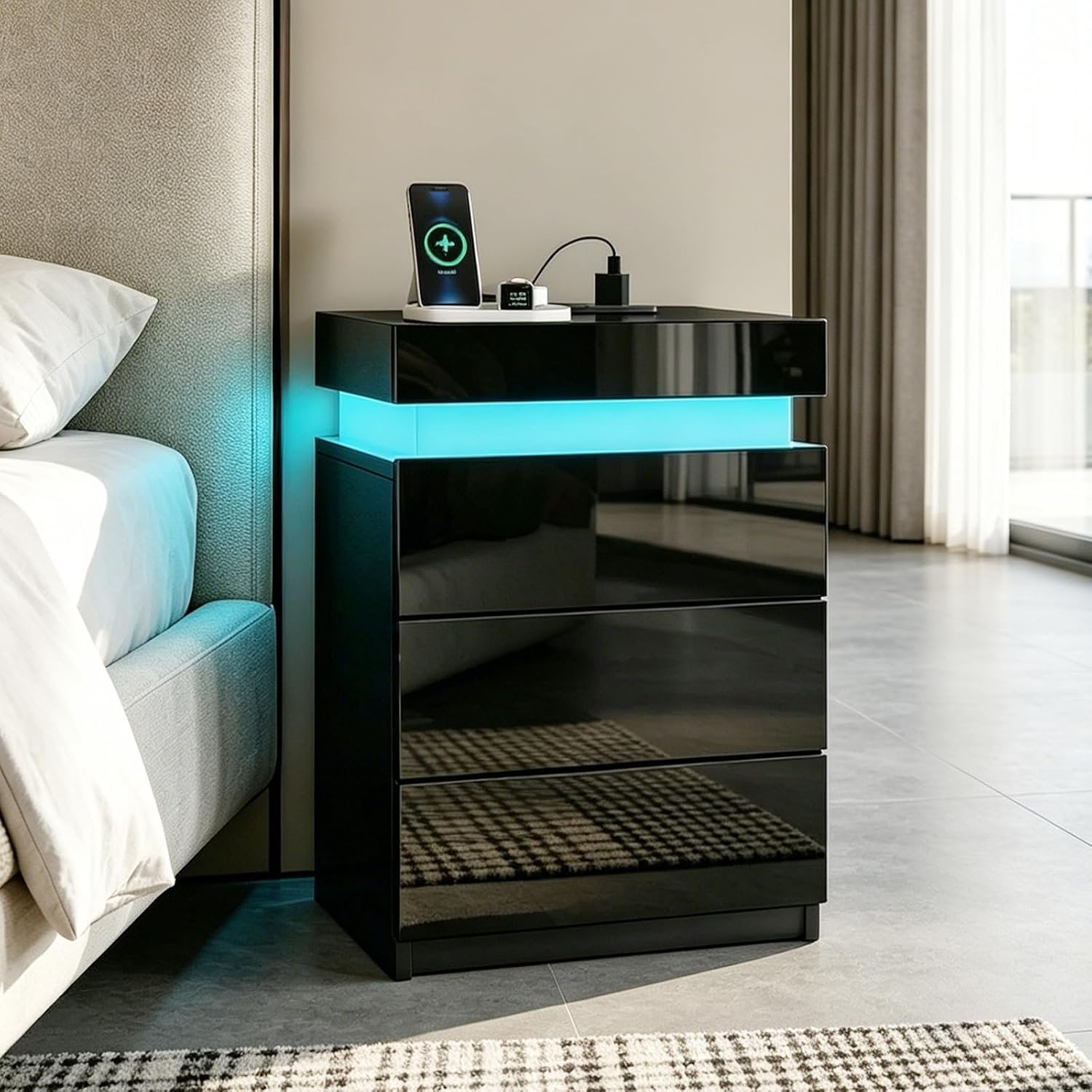 BESTWANTED High Gloss Bedside Table 3 Drawers Modern Bedside Cabinet Nightstand with LED Lights for Bedroom Living Room 67 x 45 x 35cm (Black)