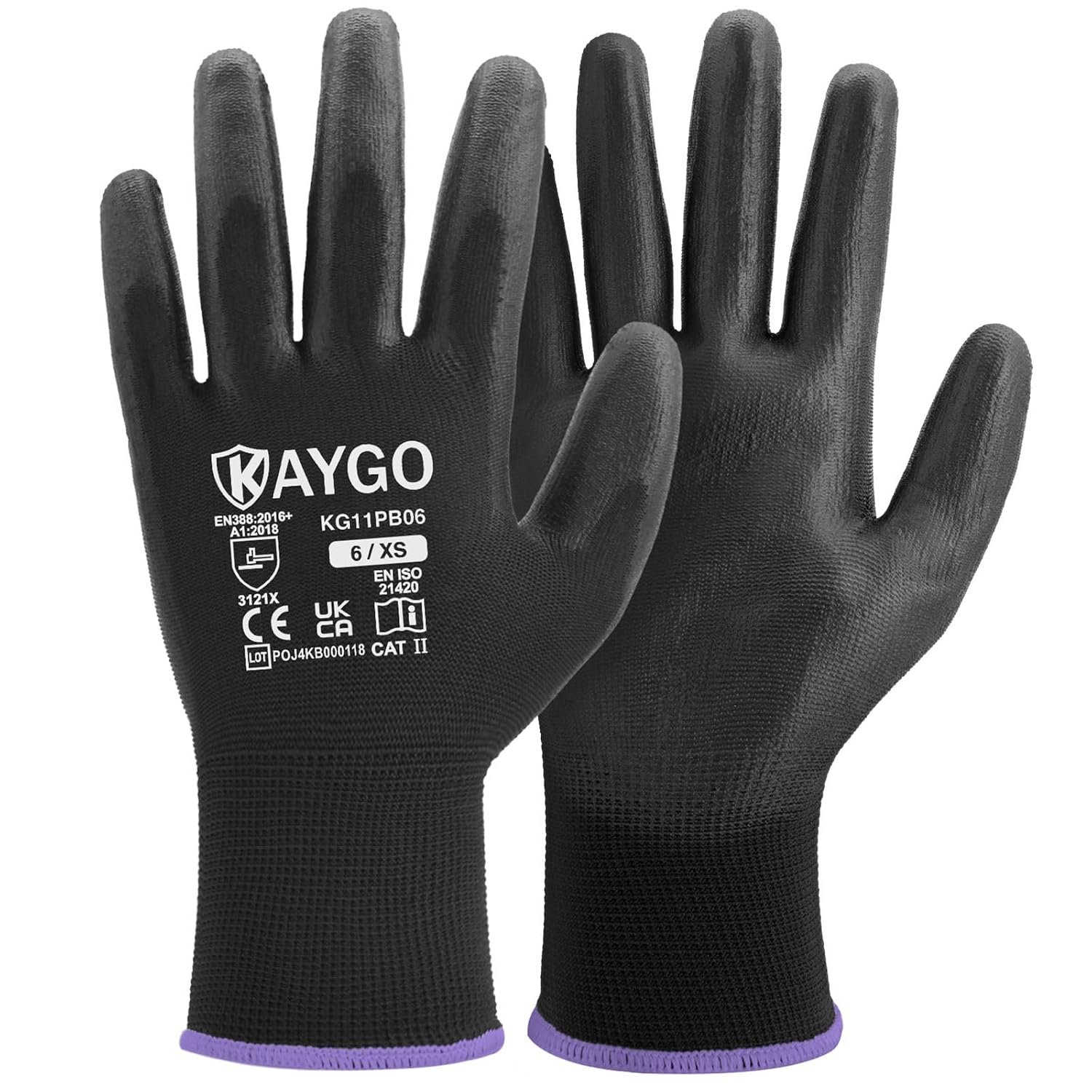 KAYGO Safety Work Gloves PU Coated - 60 Pairs, KG11PB, Seamless Knit Glove with Polyurethane Coated Smooth Grip on Palm and Fingers, for Men and Women (Large) (Pack of 60