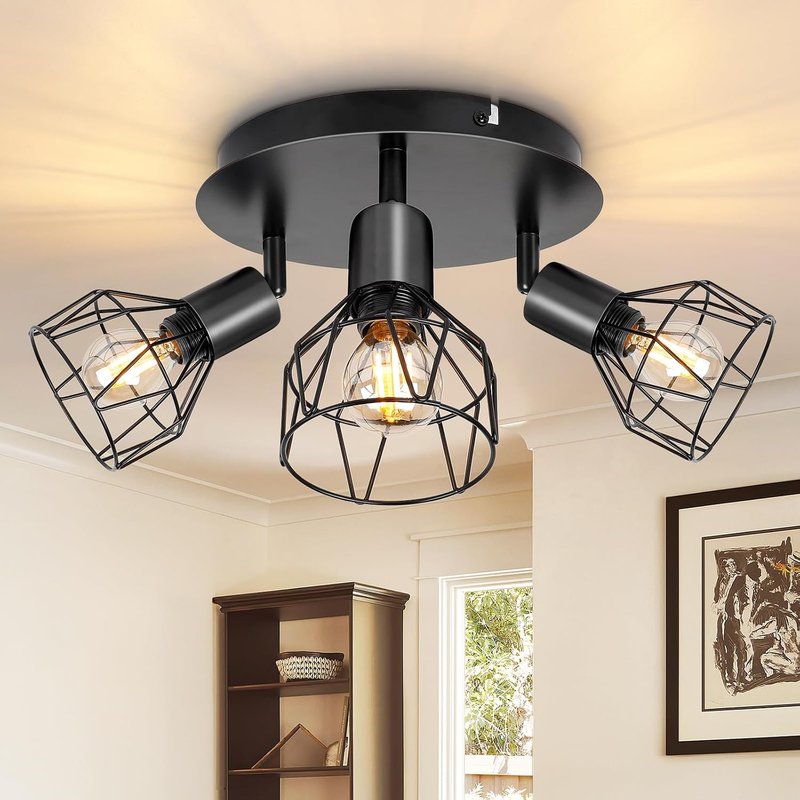 Dehobo Spot Light Fittings for Ceilings Adjustable Metal Wire Cage Kitchen Spotlight with E14 Base Black 3 Way Ceiling Light Industrial for Bedroom Bar Hallway Living Room No Bulb