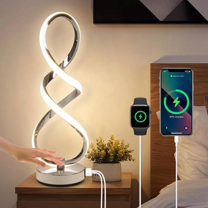 EIDISUNY Modern LED Table Lamp, 3 Color Temperatures,Touch Control, Silver Spiral Dimmable Bedside Table Lamp with USB Ports, Touch Control LED Nightstand Lamp, Desk Lamp for Living Room,Bedroom