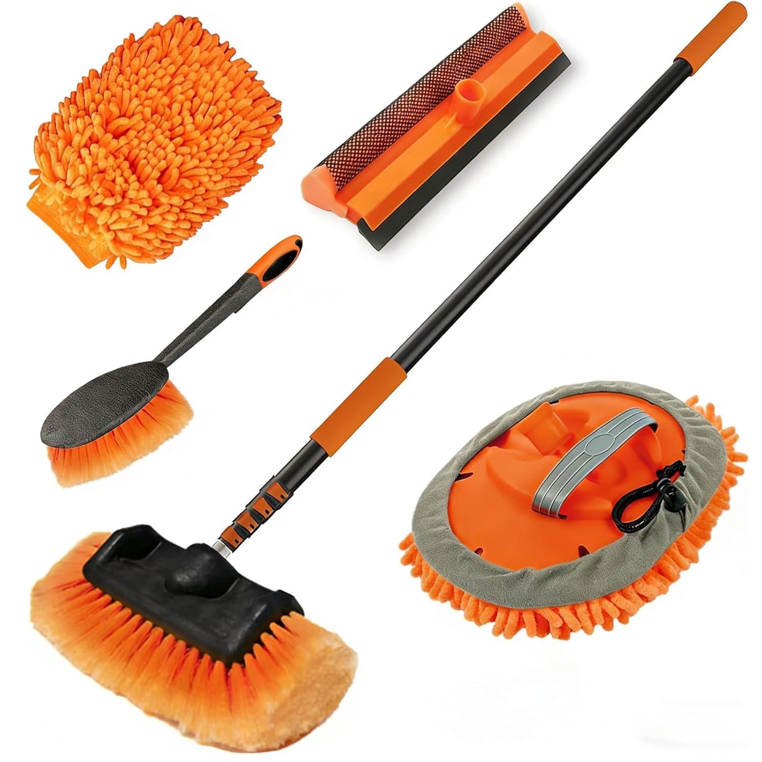 LAANPOLE 3.6m Car Wash Brush Long Handle, Car Cleaning Brush Kit with Soft Bristle Brush, Microfiber Cleaning Mop, Telescopic Window Cleaner, Mitt, Wheel Brush for Caravan, Solar Panel, Conservatory