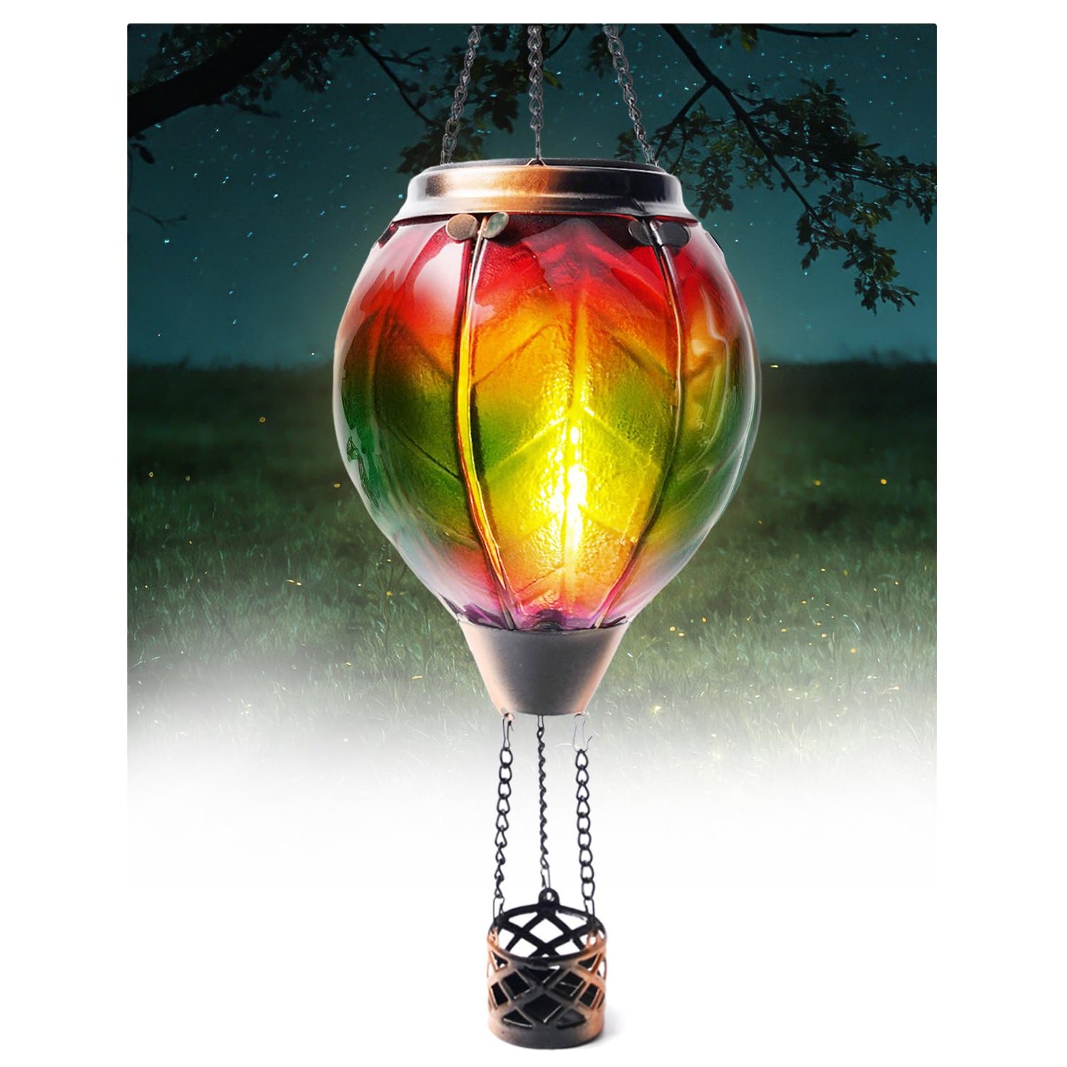 Klarlight Garden Ornaments Outdoor, 45CM Realistic Flame Hot Air Balloon Solar Garden Light, Hanging Gradient Glass Effect Solar LED Balloon Lantern, for Balcony & Tree, Gifts for Women