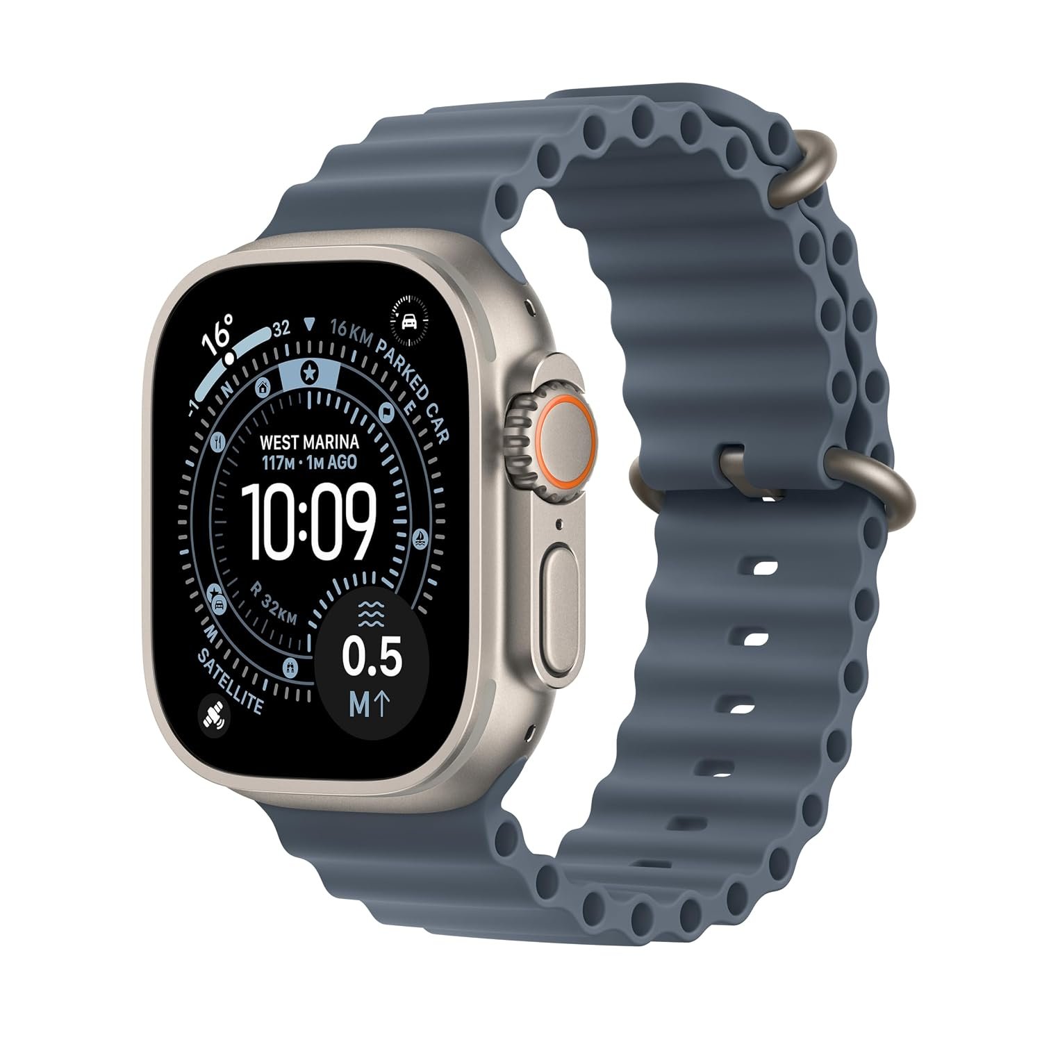 Apple Watch Ultra 3 GPS + Cellular 49mm Premium Running and Multisport Smartwatch with Rugged Natural Titanium Case with Anchor Blue Ocean Band. Advanced Health and Fitness Tracking