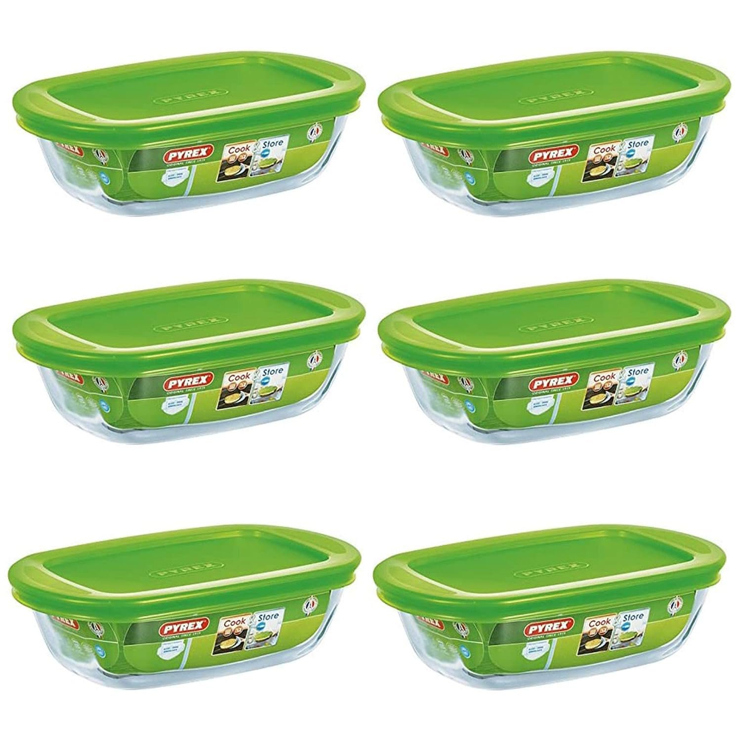 Pyrex Microwave Safe Classic Rectangular Glass Dish Vented Lid 0.35 Litre Green (Pack of 6)