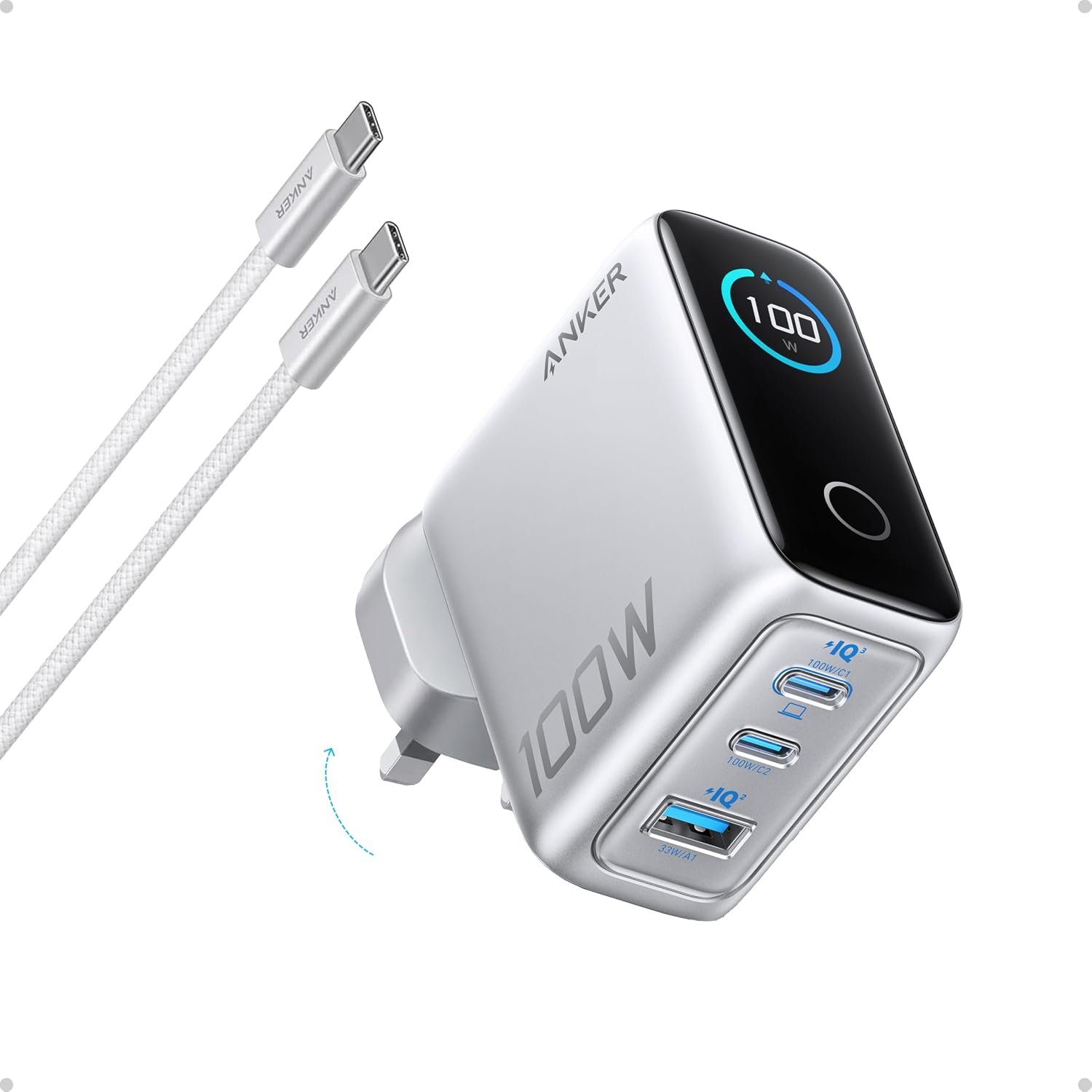 Anker 100W USB C Charger, 3-Port Fast Charger Plug, Ultra-Compact GaN Laptop Charger, Smart Display, Touch Control, for MacBook, iPad, iPhone 17/16/15 Series (Silver, USB-C Cable Included)