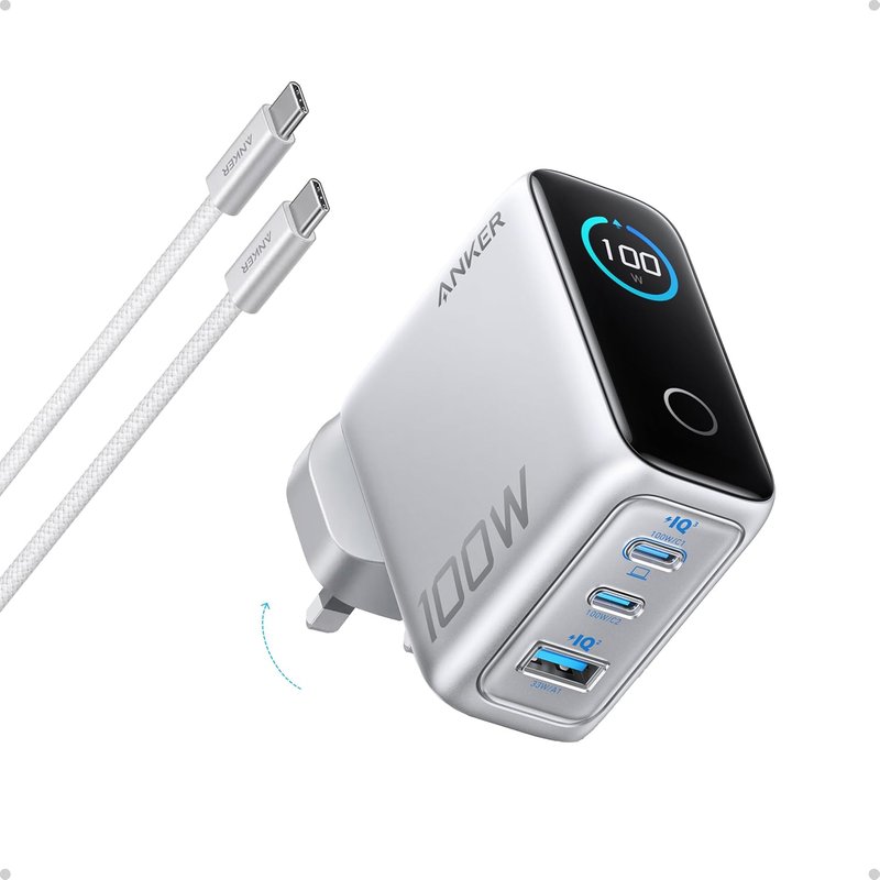 Anker 100W USB C Charger, 3-Port Fast Charger Plug, Ultra-Compact GaN Laptop Charger, Smart Display, Touch Control, for MacBook, iPad, iPhone 17/16/15 Series (Silver, USB-C Cable Included)